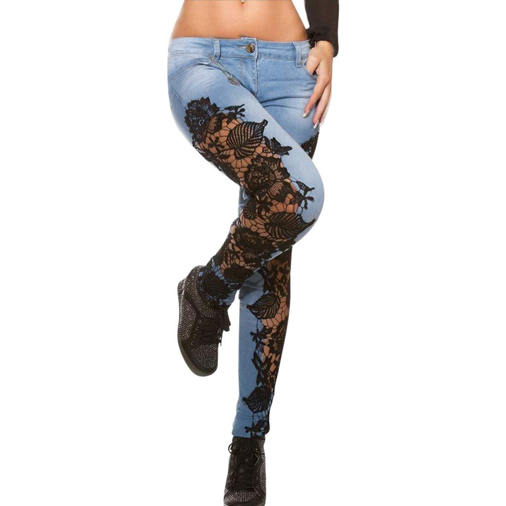 Women's Ripped Boyfriend Jeans - Skinny Stretch Denim with Floral Lace Patchwork & Hollow Out Design - Casual Pencil Pants for Everyday Wear, Dating & Street Style