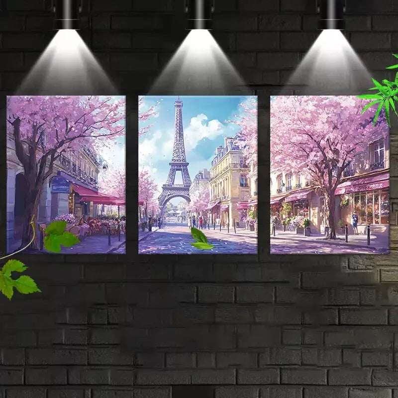 3-Piece Cherry Blossoms Eiffel Tower Paris Street Art Canvas Set - 50x70cm Framed Wall Decor | High Quality Print | 100% Australian Made | Ready to Hang | Perfect for Living Room, Bedroom & Office Decor