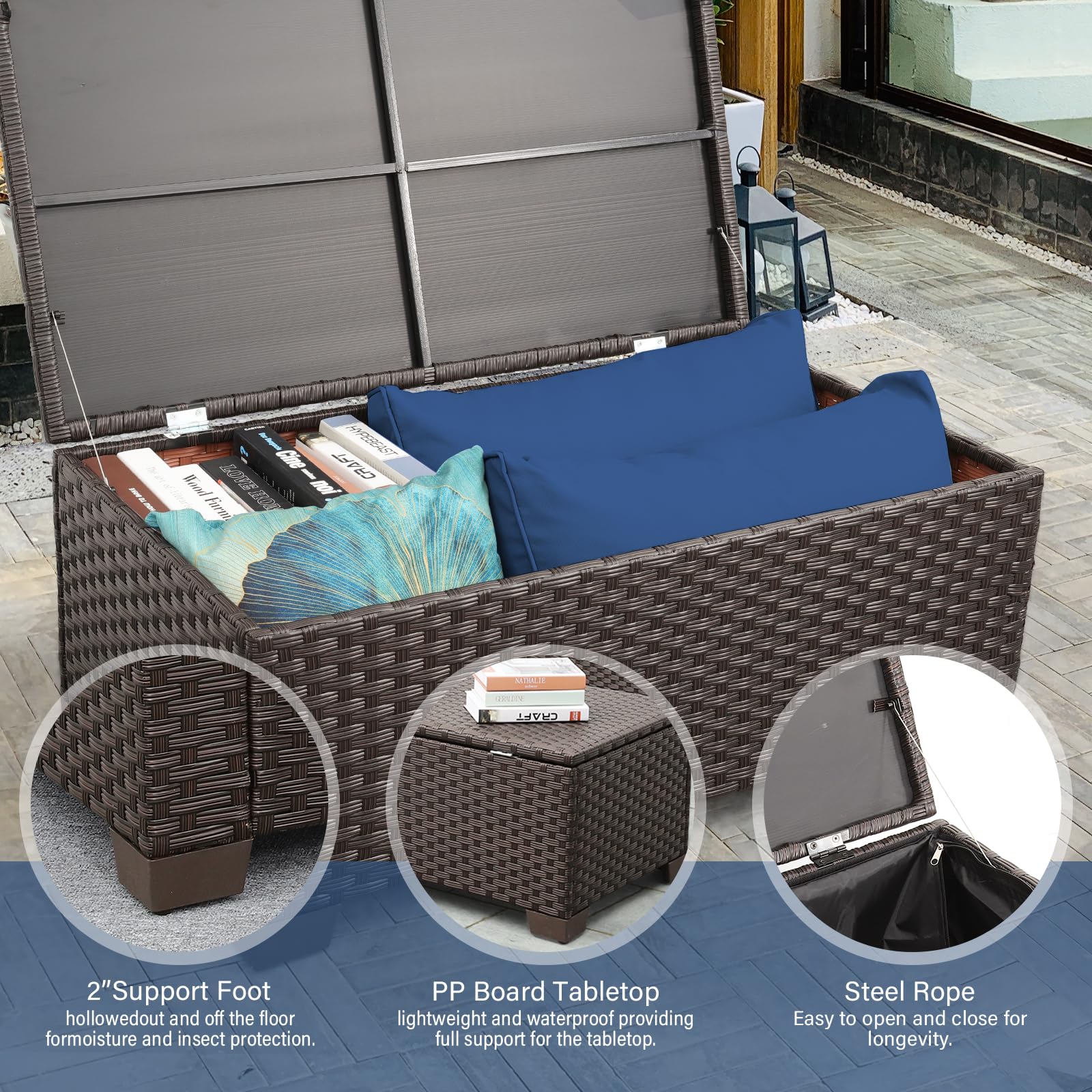 4-Piece Patio Furniture Set with Outdoor Couch, 2 Chairs & Storage Table - Waterproof Navy Blue Cushions & No-Slip Covers - Perfect for Backyard, Garden, Poolside Relaxation