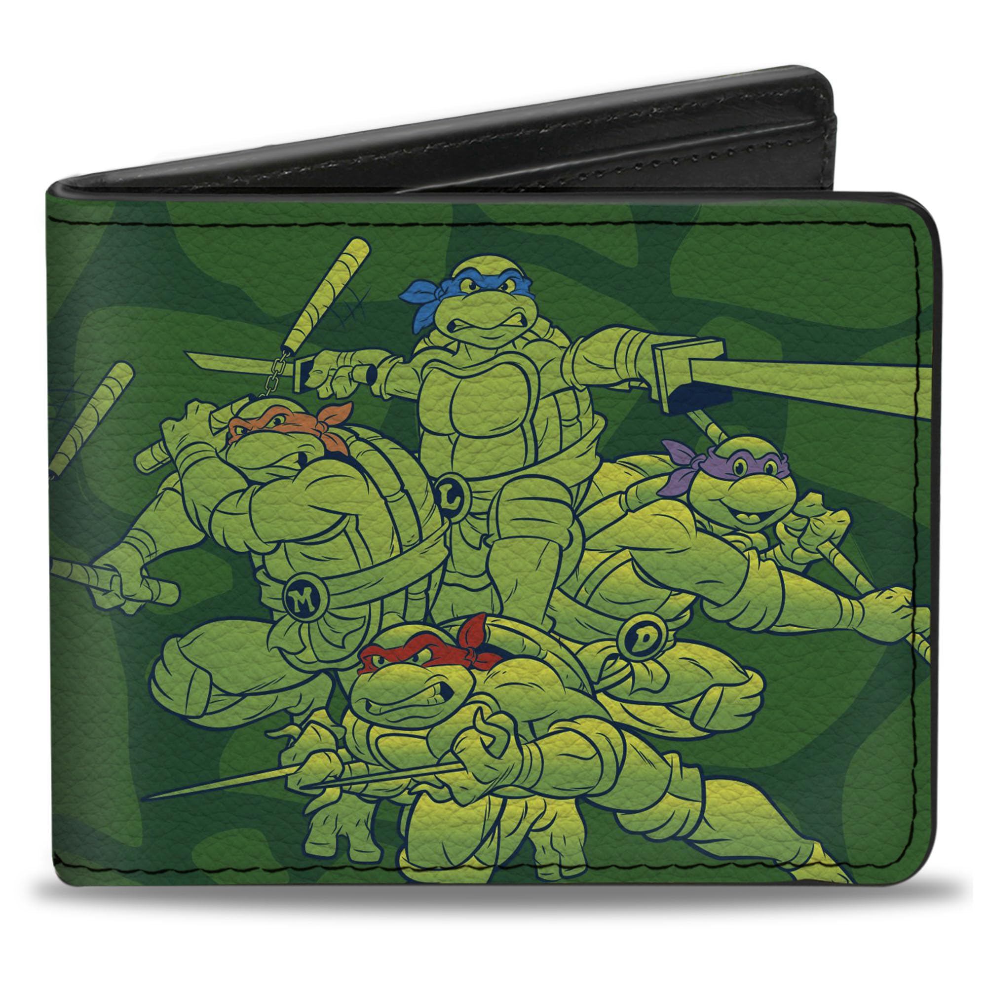 Nickelodeon Teenage Mutant Ninja Turtles (TMNT) Men's PU Leather Bifold Wallet with Belt Clip - Classic Battle Pose Turtle Shell Design, Multicolor, 4.0