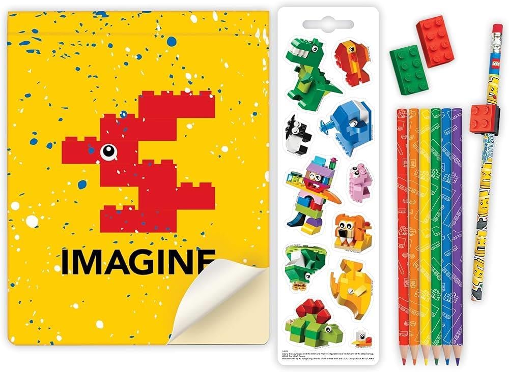 LEGO Stationery Set with Sketchbook, Minifigure, Pencil Toppers & Erasers - Creative Drawing Kit for Kids | Perfect for School, Art Class & LEGO Fans
