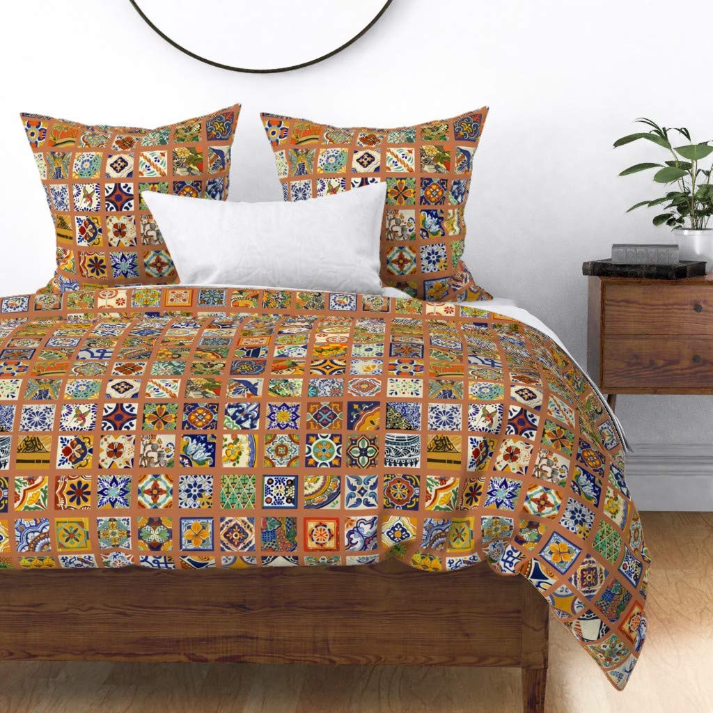 Mexican Tiles Cotton Sateen Duvet Cover Twin Size - Red, Blue & White Geometric Pottery Print Custom Bedding | Perfect for Boho Bedroom Decor, Southwest Style Homes & Cultural Themed Guest Rooms