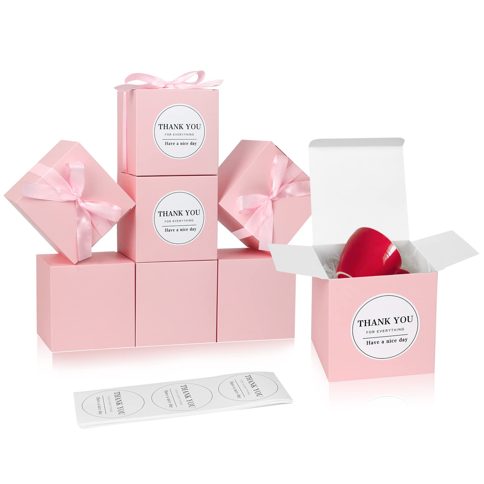 COTOPHER 100 Pack 4x4x4 Inch Small Pink Gift Boxes with Lids - Wedding Favors, Party Supplies, Bridesmaid Proposal, Candy & Cupcake Packaging - Includes Ribbons & Stickers for DIY Crafts, Birthday Gifts & Holiday Presents