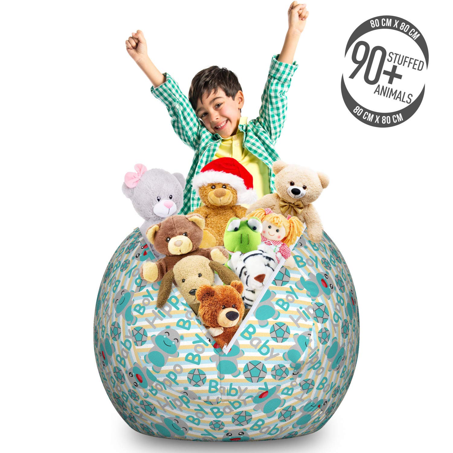 Ambesonne Cartoon Hippo Toy Storage Bag Chair - Large Washable Stuffed Animal Organizer with Pastel Stripes & Ball Pattern - Perfect for Kids' Room, Playroom & Nursery Organization - Dark Seafoam Grey
