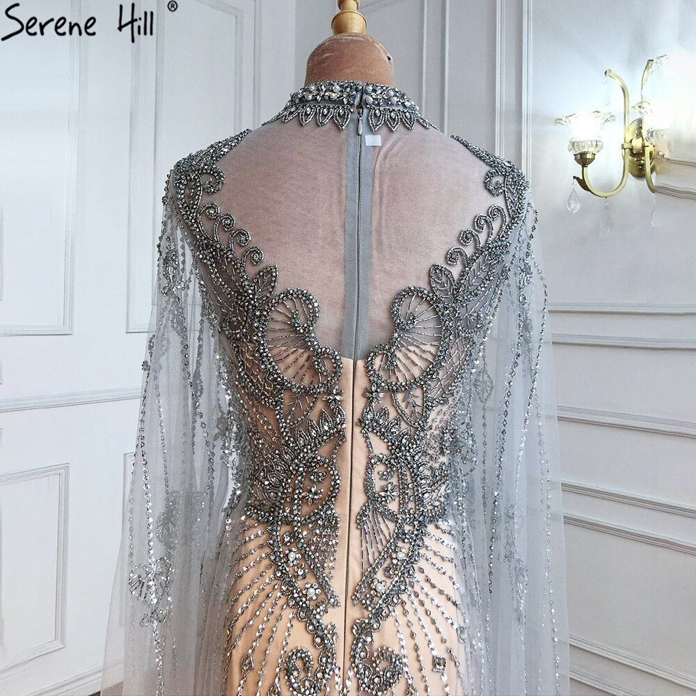 Serene Hill 2025 Luxury Grey Nude Cape Sleeve Beaded Mermaid Evening Gown - Elegant Sexy Women's Formal Dress for Prom, Gala & Special Occasions