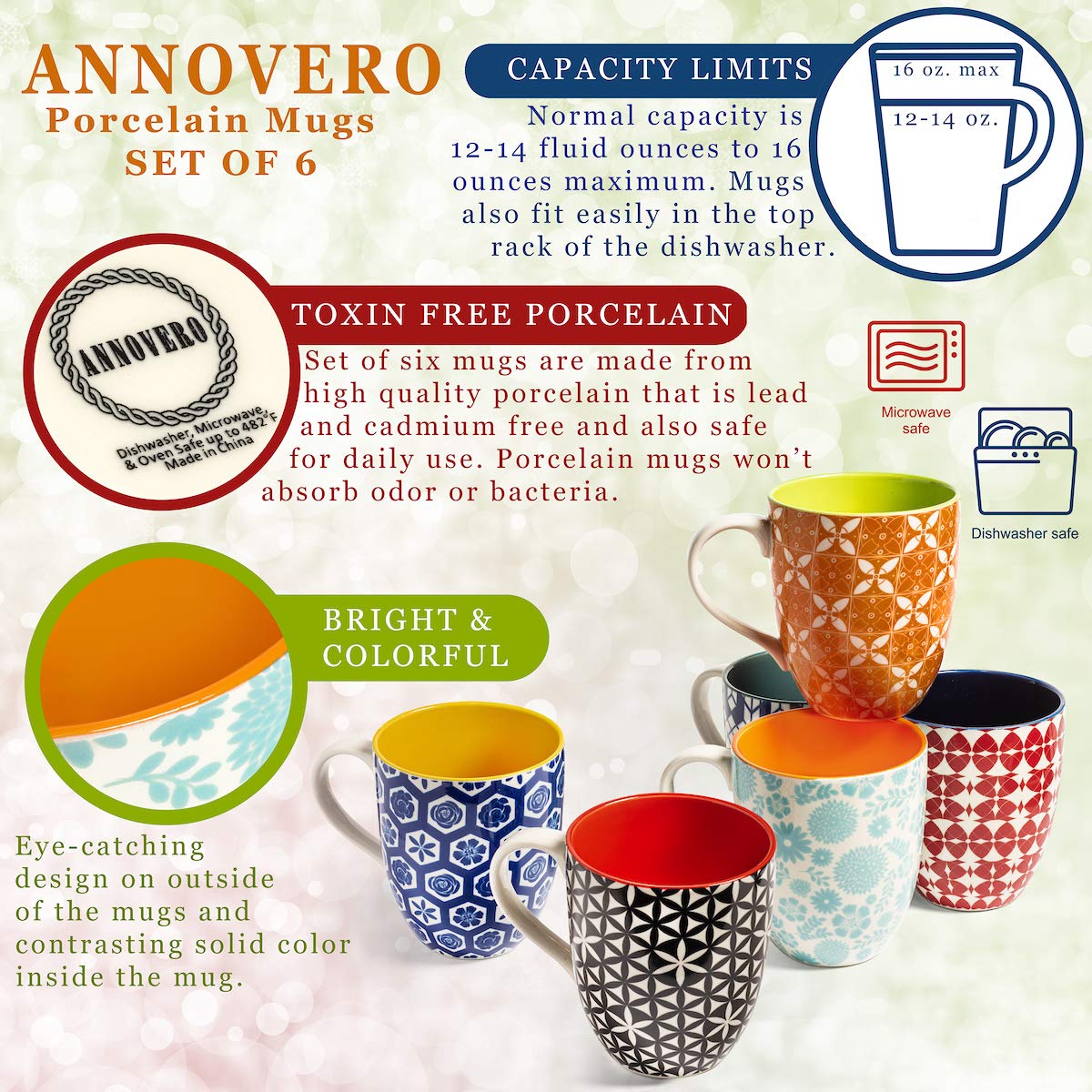 Annovero Colorful Porcelain Coffee Mugs & Dessert Plates Set - Microwave & Dishwasher Safe Kitchen Dinnerware for Home, Office & Restaurant Use