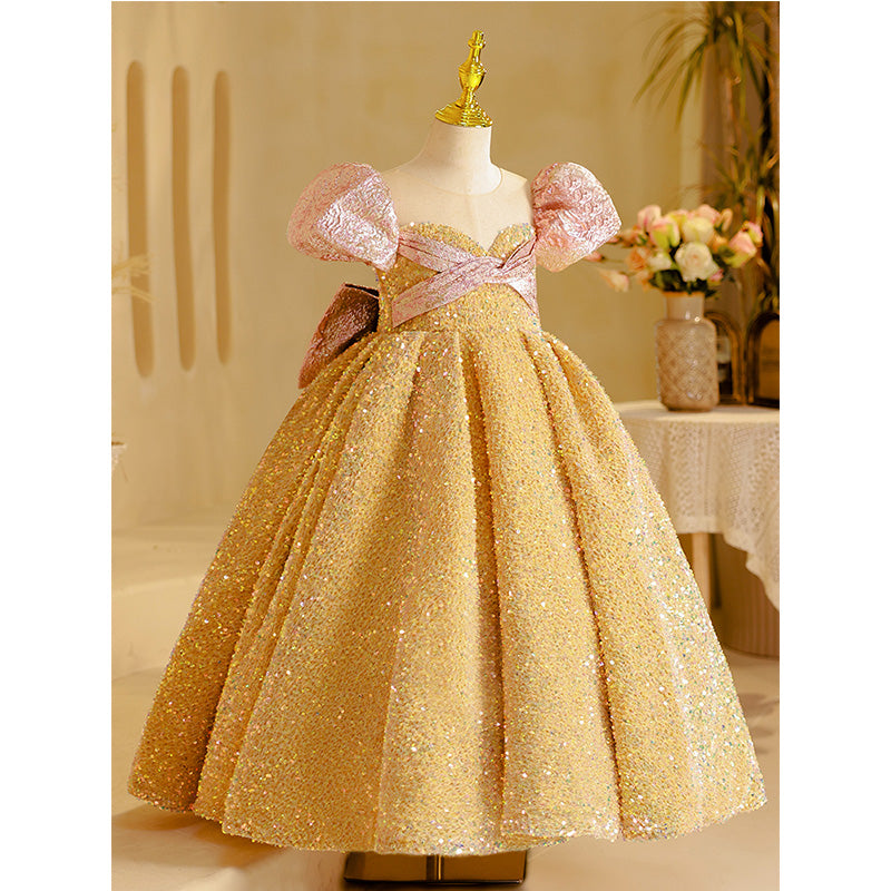 **Flower Girl Dress for Girls - Sparkly Bow & Sequins Pageant Princess Gown for Weddings, Parties & Special Occasions**