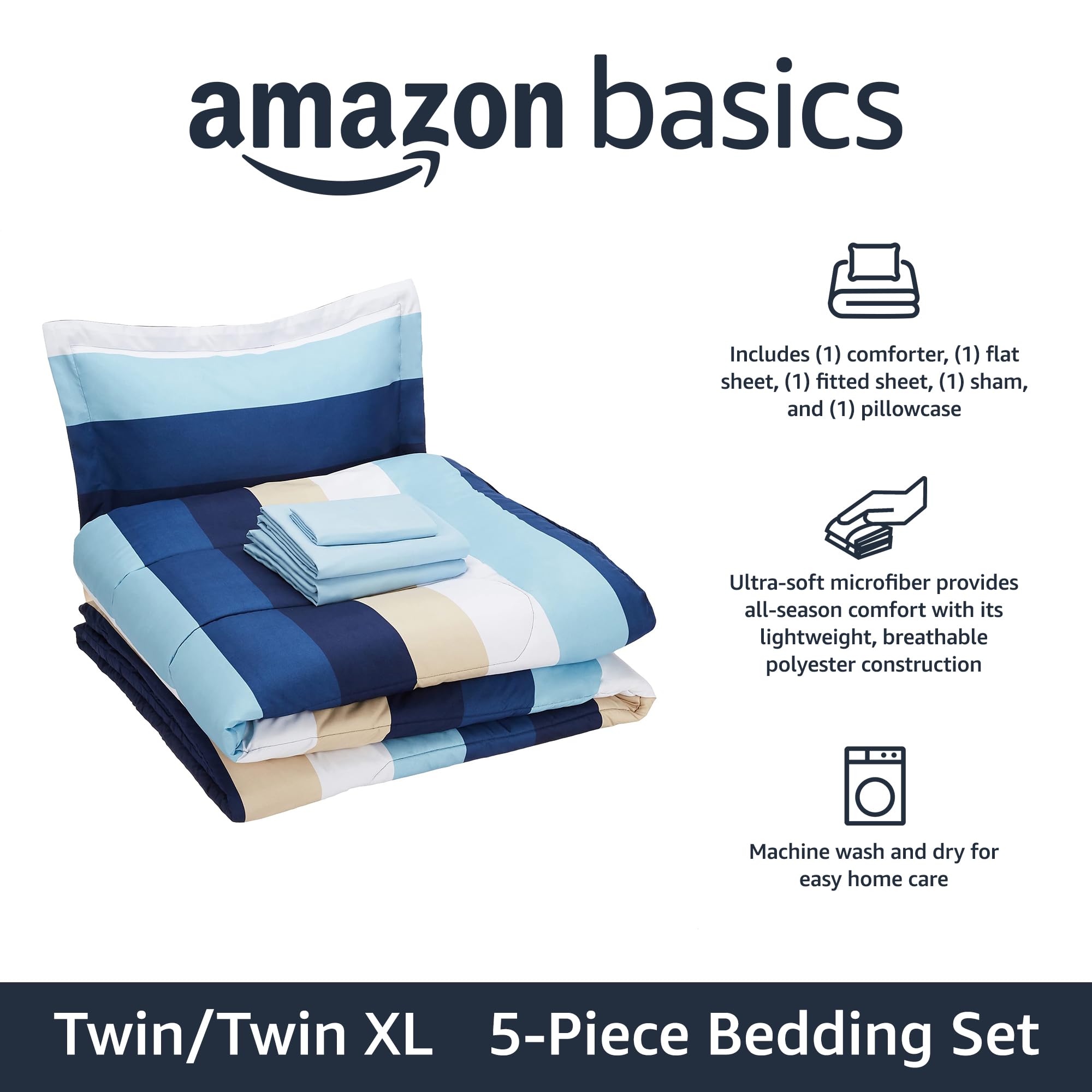 Amazon Basics 5-Piece Lightweight Microfiber Comforter Set with Sheets - Twin/Twin XL Size, Blue Striped Bedding for Kids & Teens, Soft Breathable Bed-in-a-Bag for Dorm Rooms, Guest Beds & Everyday Comfort