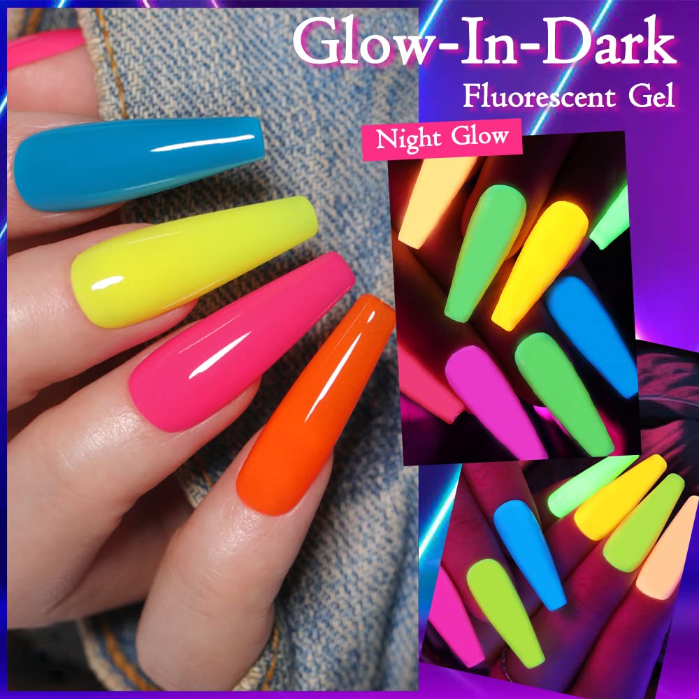 12PCS Glow in The Dark Gel Nail Polish Set - Neon Luminous Nail Art Kit with Hot Pink, Yellow, Purple & Blue Fluorescent Colors | Long-Lasting UV Gel Polish for Halloween Parties, Raves & Night Events