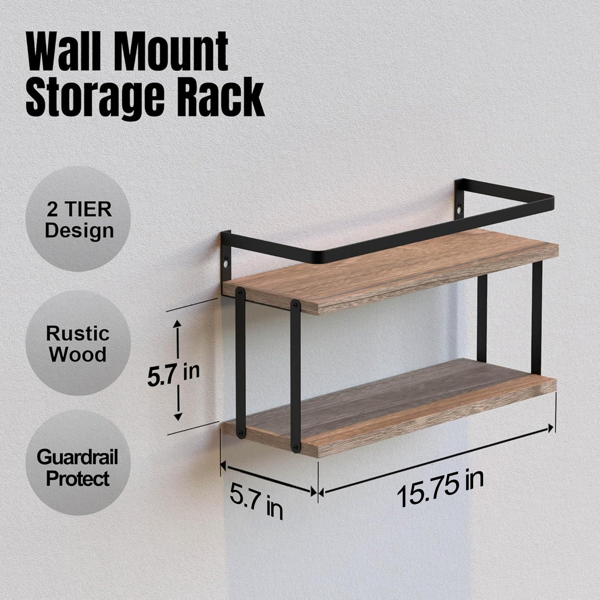 RICHER HOUSE Dual-Level Floating Shelves with Guardrail - Rustic Wood Wall Mounted Shelf for Bathroom & Kitchen Storage | Over Toilet Paper Organizer, Bathroom Wall Decor & Kitchen Spice Rack - Perfect for Small Space Organization & Farmhouse Style Home Decor