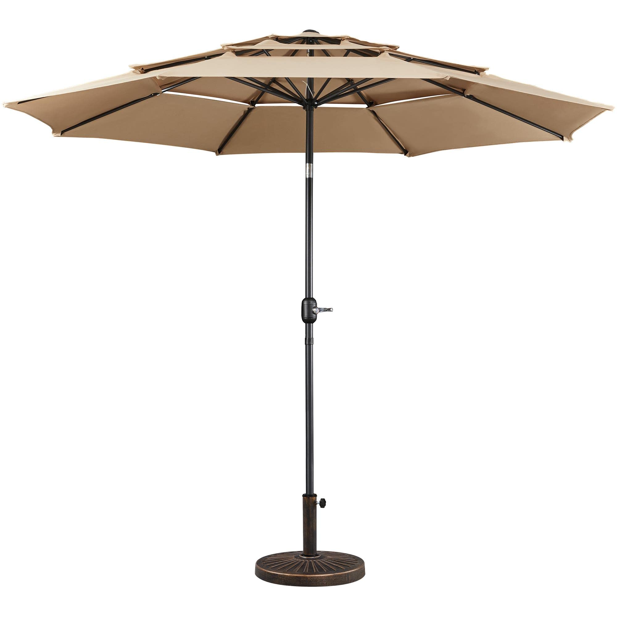 Yaheetech 10ft Outdoor Patio Umbrella with Heavy Duty Base - 3 Tier Vented Market Umbrella with 8 Sturdy Ribs & 26.5lb Weighted Stand for Garden, Lawn, Deck, Backyard, Poolside & Park - Perfect for Shade During BBQs, Pool Parties and Outdoor Dining