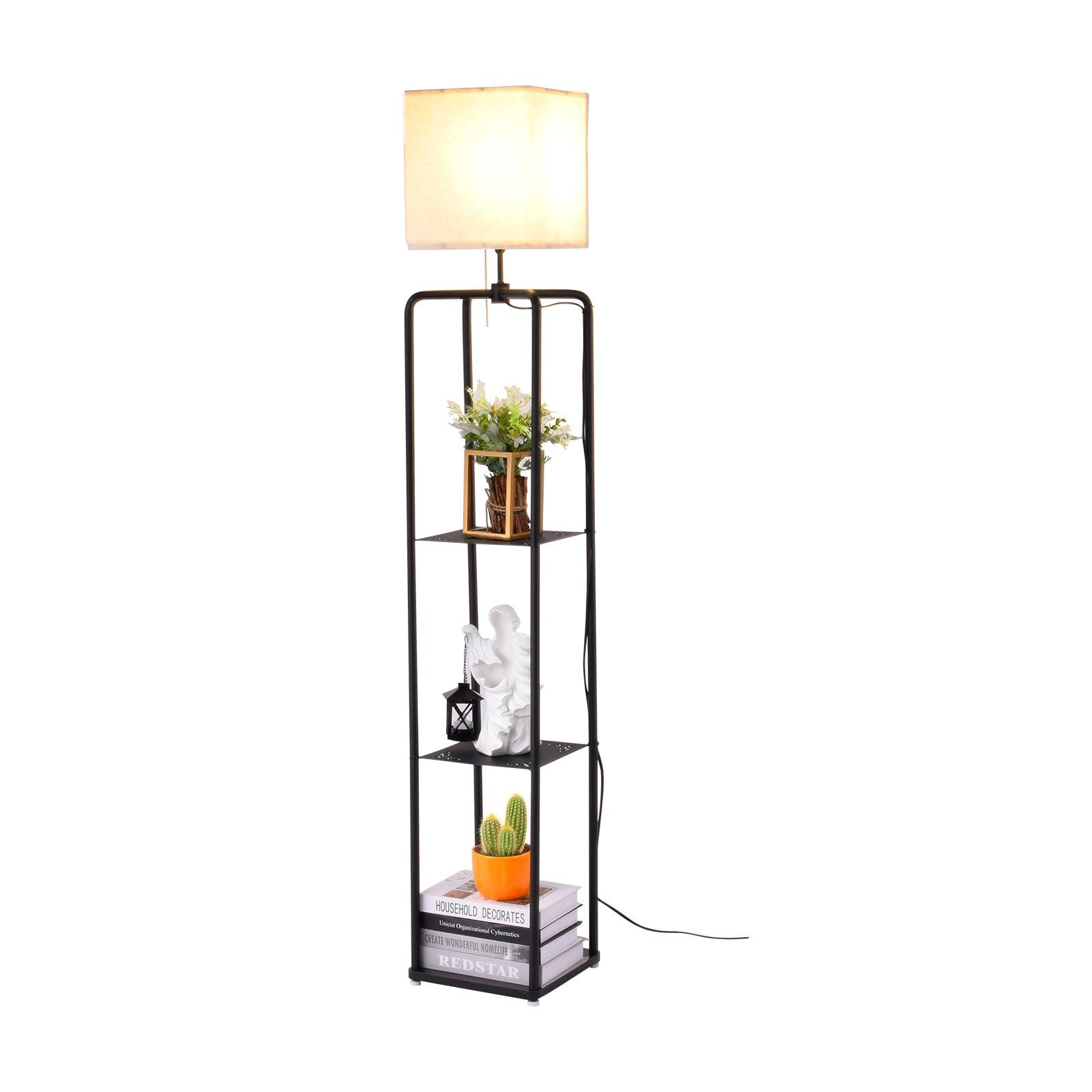 Modern LED Shelf Floor Lamp with White Shade - 3-Tier Industrial Style Display Light for Bedroom, Living Room & Office - Space-Saving Storage & Ambient Lighting Solution (Bulb Not Included)