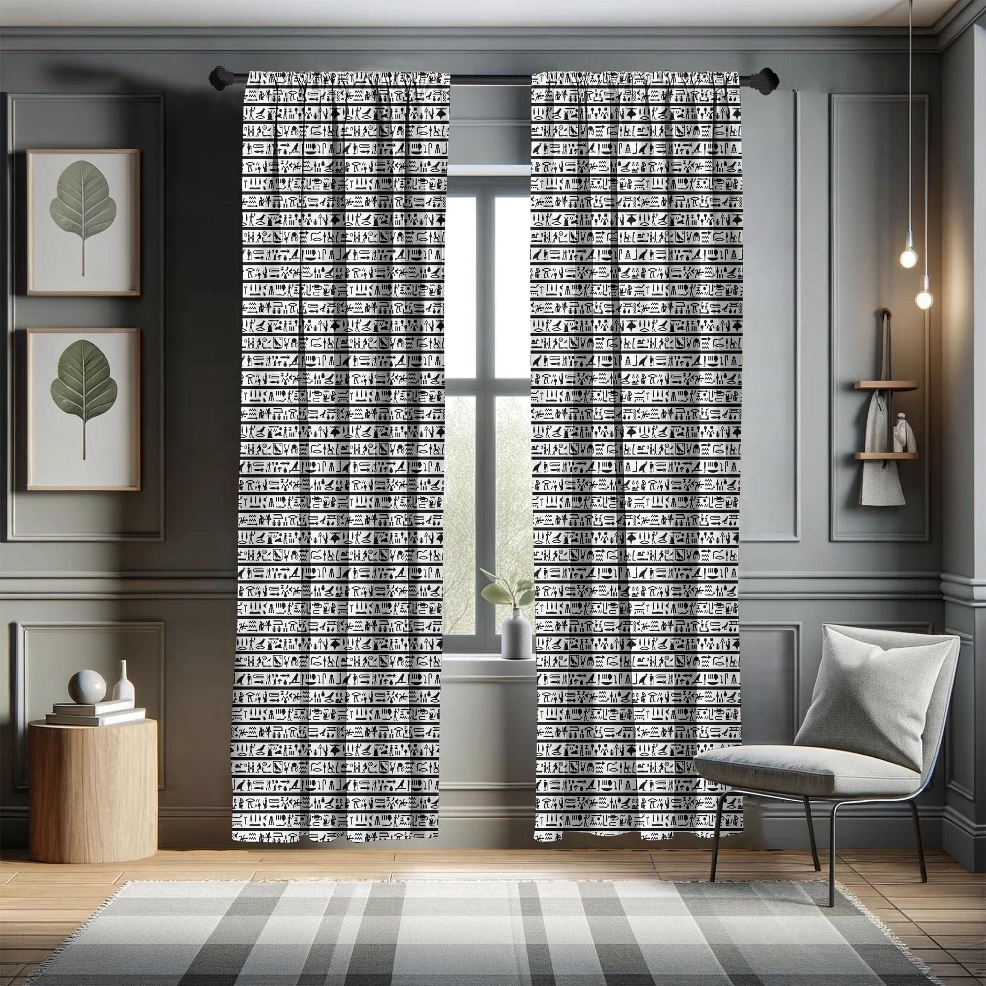 Ambesonne Egyptian Hieroglyphic Window Curtains - Black & White Cultural Print, Lightweight 2-Panel Set with Rod Pocket (28