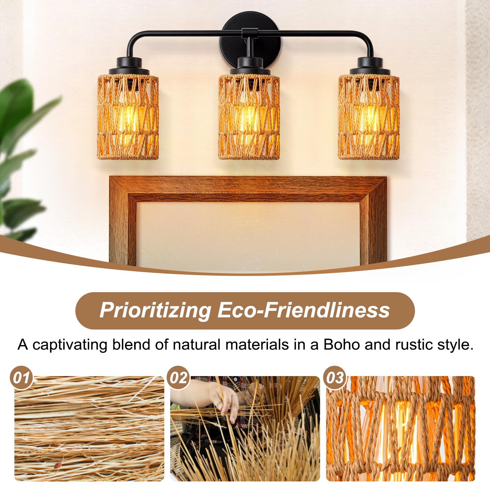 3-Light Rustic Farmhouse Vanity Lighting - Boho Rattan Wall Sconce with Hand Woven Design for Bathroom Mirror, Bedroom & Hallway - Natural Style Wall Mounted Fixture for Home Decor