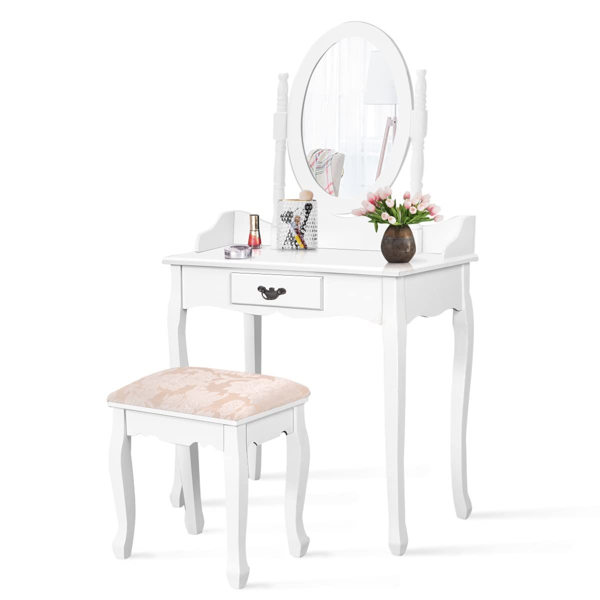 LUARANE Vanity Makeup Table Set with Cushioned Stool - 360° Rotating Mirror & Detachable Top - Vintage Dressing Table for Bedroom, Living Room & Home Decor - White (Perfect for Makeup, Skincare & Jewelry Organization)
