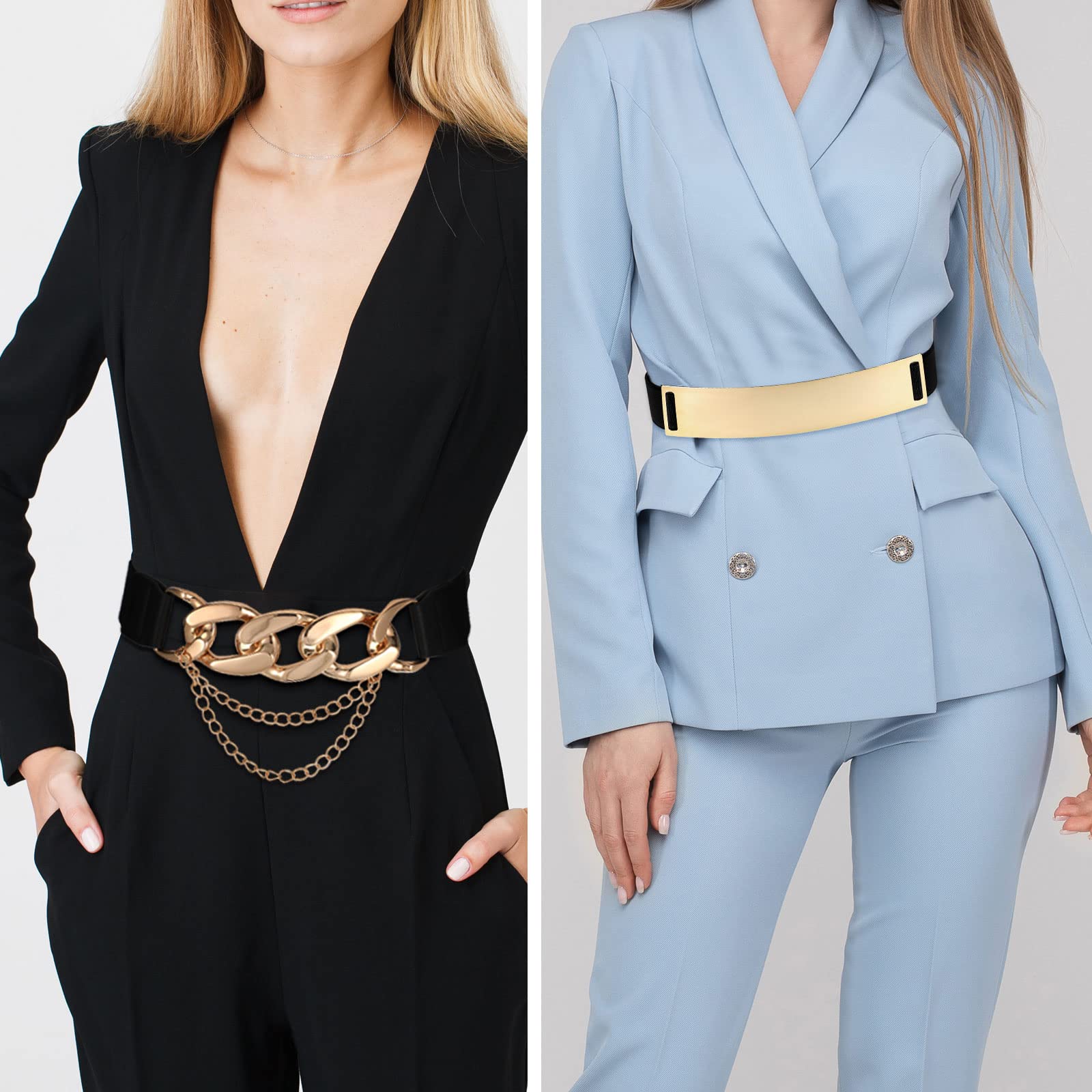 Zhanmai 4-Piece Women's Fashion Belt Set - Gold Metal Stretch Waist Belt, Skinny & Wide Chain Elastic Belts for Dresses, Jeans & Outfits | Perfect for Casual, Office & Party Wear