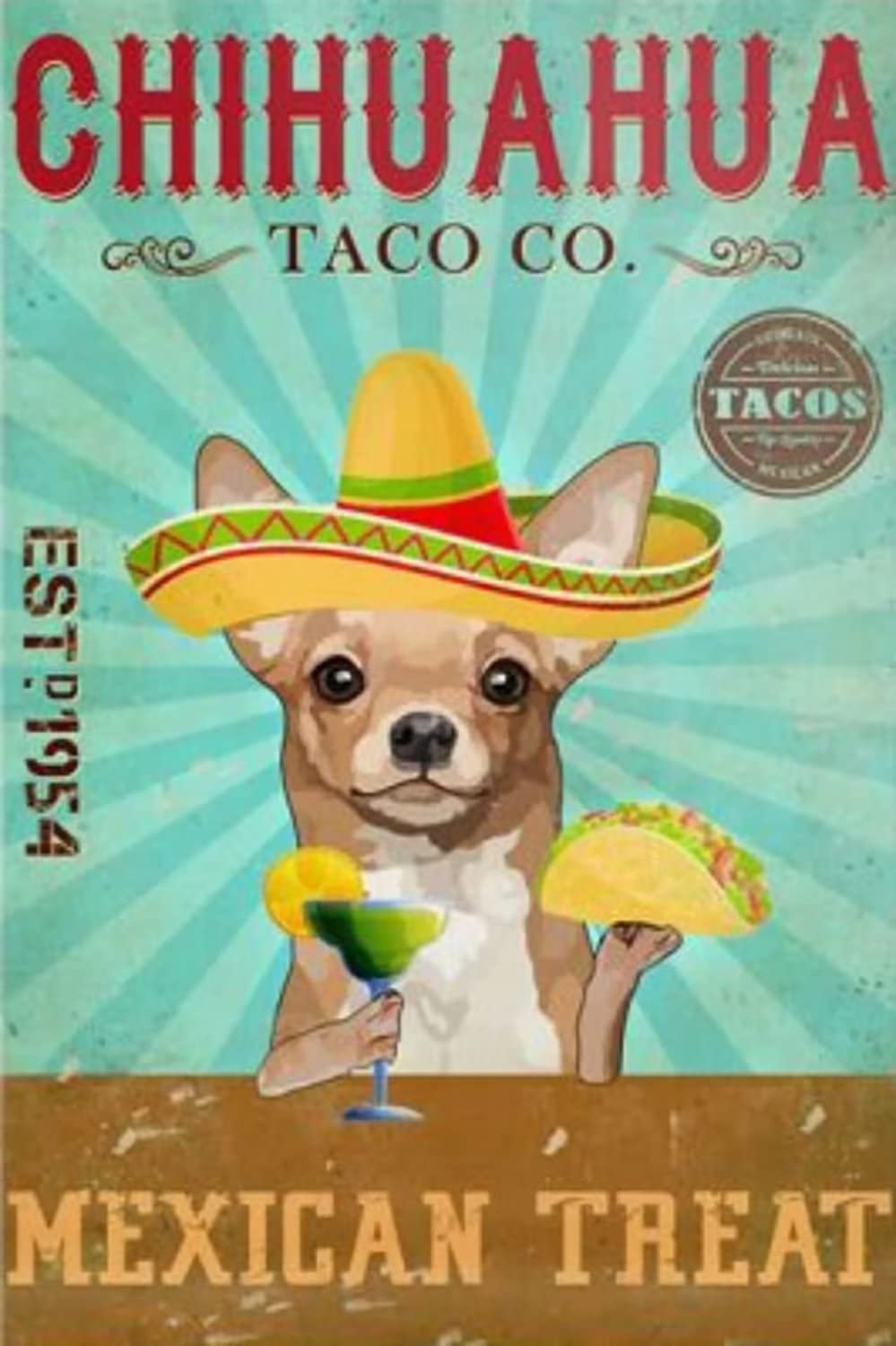 Vintage Chihuahua Mexican Taco Art Print - Frameless Canvas Wall Decor for Home, Kitchen, Living Room & Coffee Bar - Dog Painting Poster 12x16 Inch (30x40cm) - Perfect for Pet Lovers & Mexican Food Enthusiasts