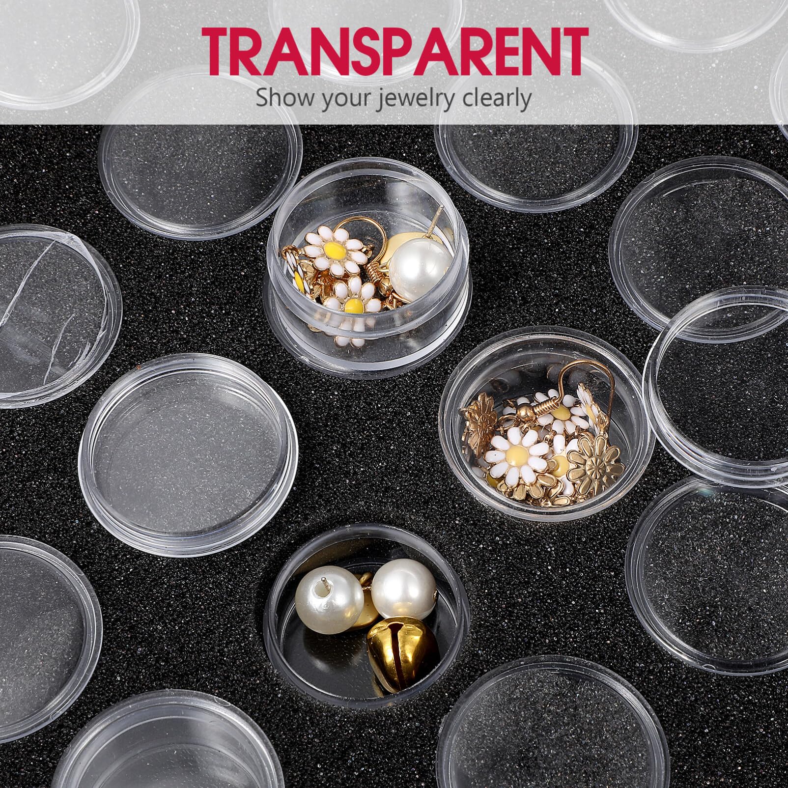 KALLORY 50 Grid Clear Plastic Round Storage Box for Nails, Diamonds, Gem Beads & Jewelry - Organizer Case for Nail Glitter, Rhinestones, Crystals & Craft Accessories (Black) | Perfect for Salon Storage, DIY Crafts & Home Organization