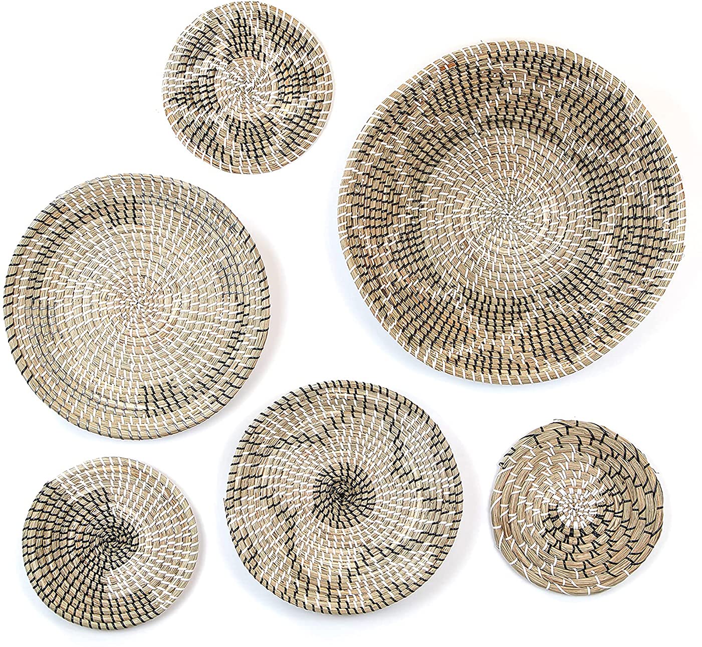 ZYUN Set of 6 Handwoven Seagrass Wall Baskets - Natural Boho Home Decor, Round Woven Bowls for Wall Art, Housewarming Gift - Perfect for Living Room, Bedroom & Boho Style Home Decor
