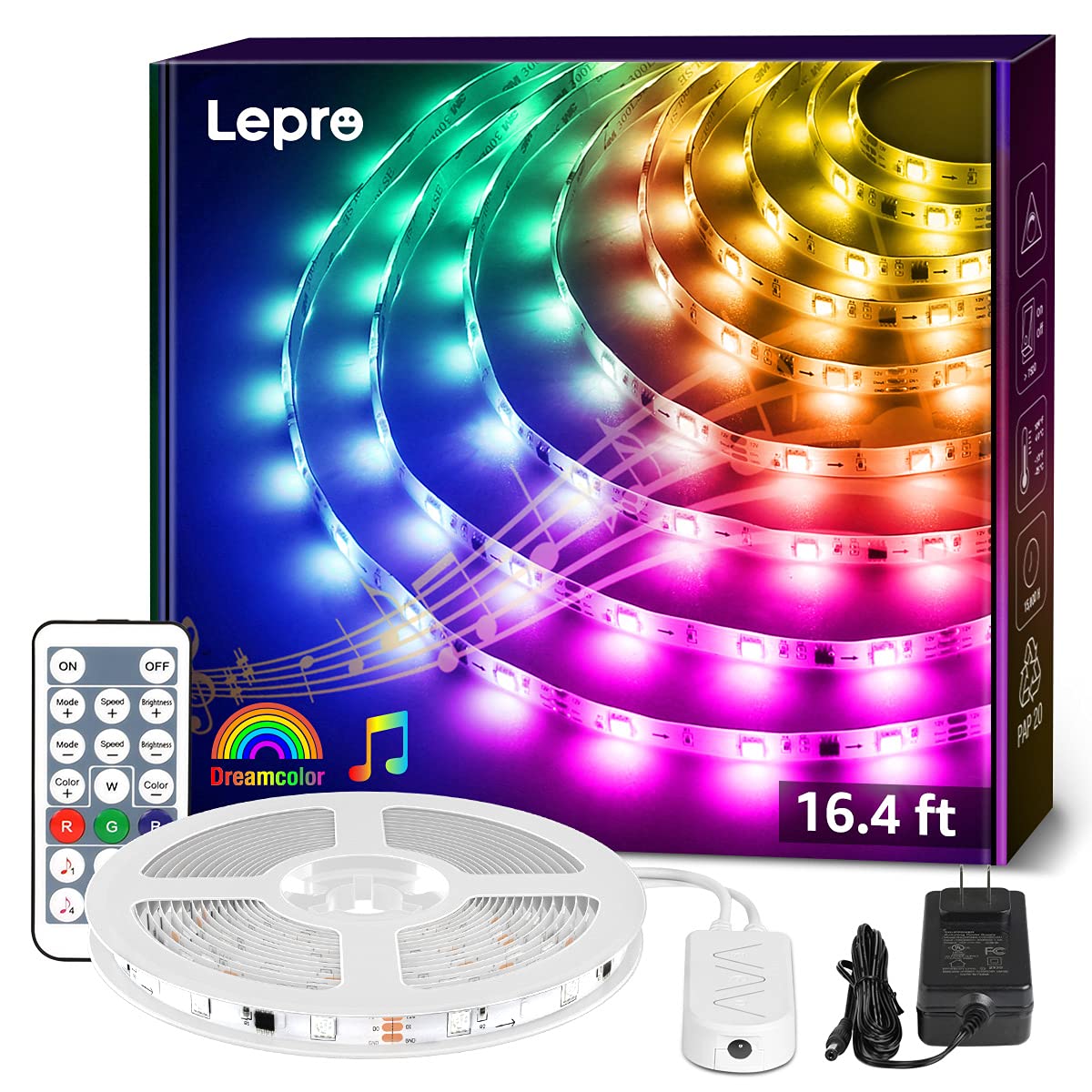 Lepro 16.4ft RGB LED Strip Lights with Remote Control - Smart Music Sync Color Changing 5050 LED Lights for Bedroom, Gaming Room, Party & Home Decor - Perfect Valentine's Day Gift for Men & Women - Create Ambient Lighting for Movie Nights, Gaming Sessions & Romantic Atmospheres