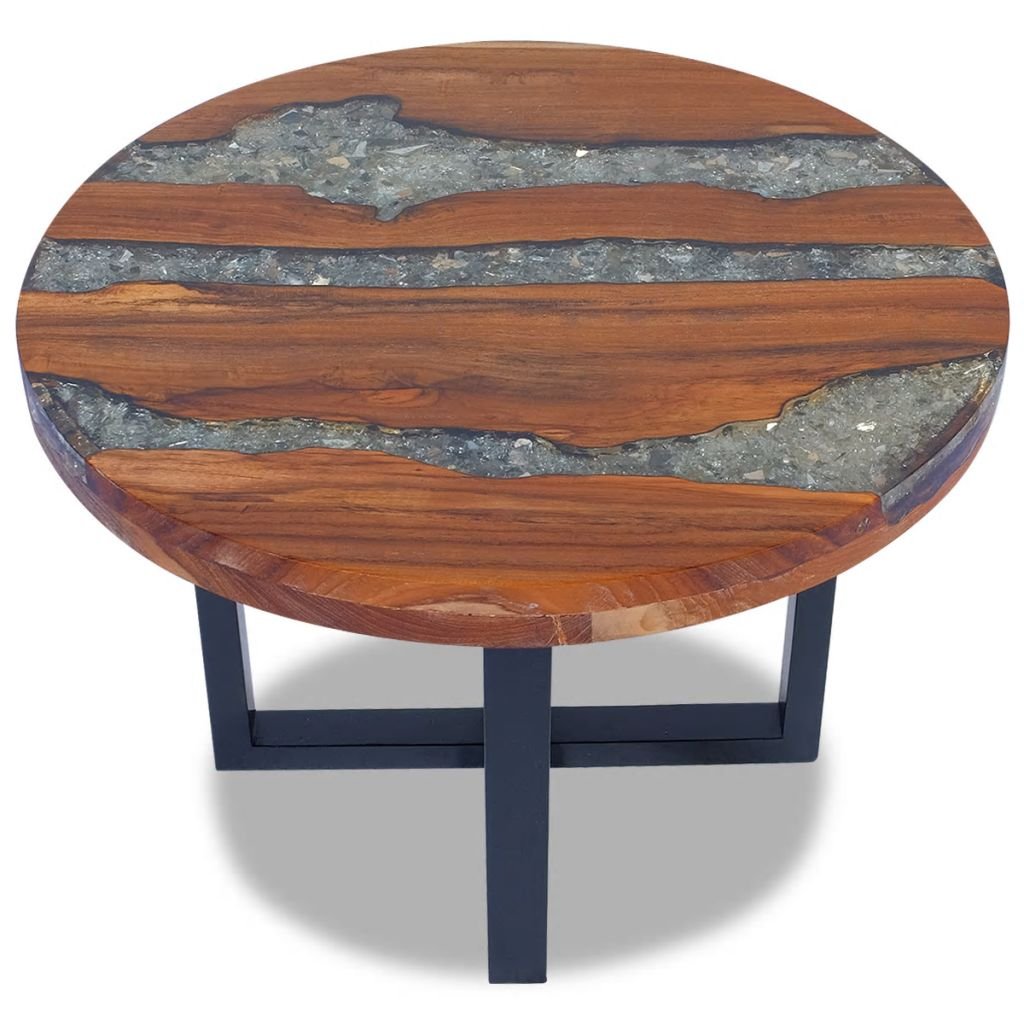 Handcrafted Teak Resin Round Coffee Table - Rustic Vintage Accent Side Table for Living Room, Bedroom & Lounge | Perfect as End Table, Cocktail Table or Dining Table | Ideal for Home Decor, Playroom & Entertainment Spaces