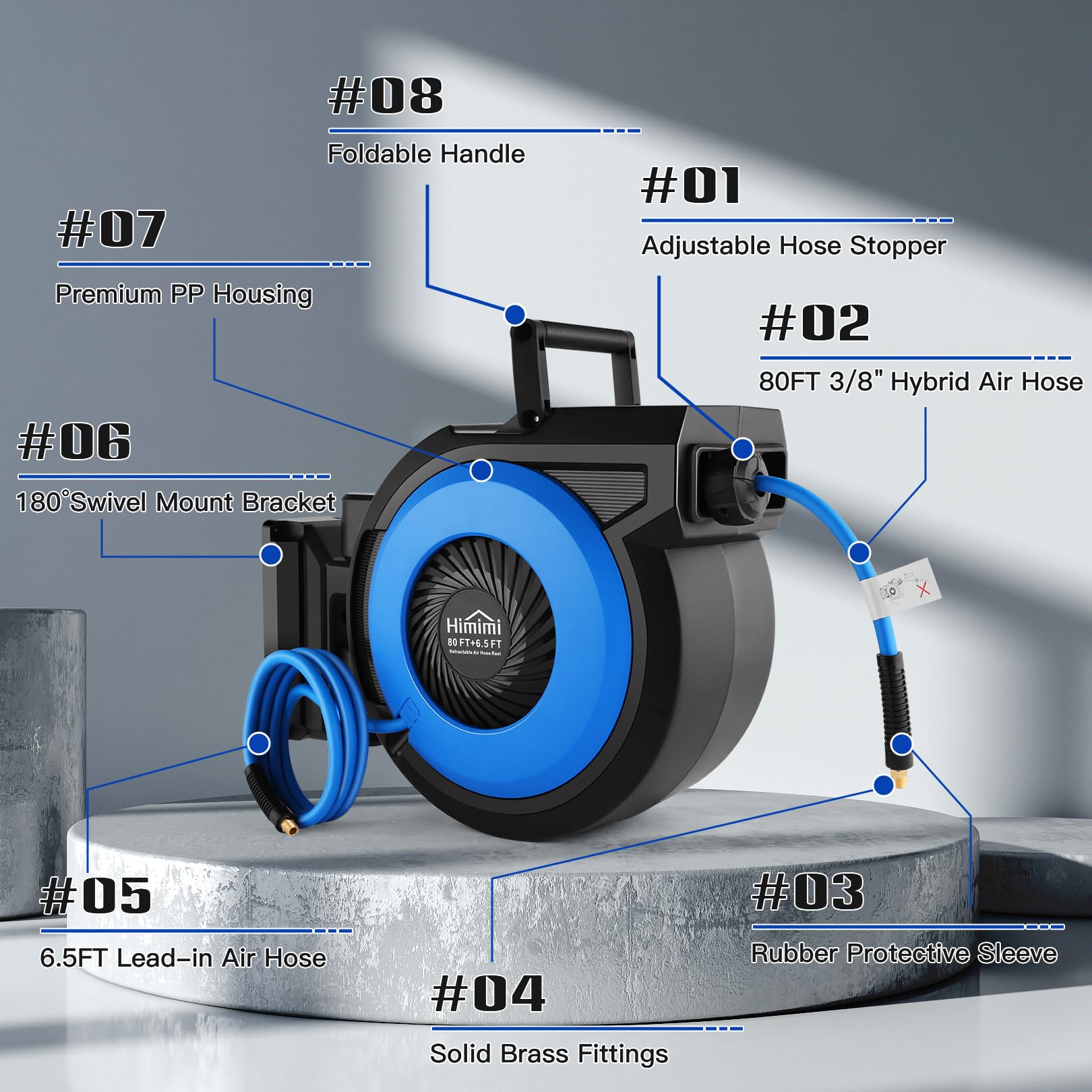 80FT + 6.5FT Retractable Air Hose Reel with Automatic Rewind | Wall Mount Pneumatic Hose for Garage & Workshop | 3/8
