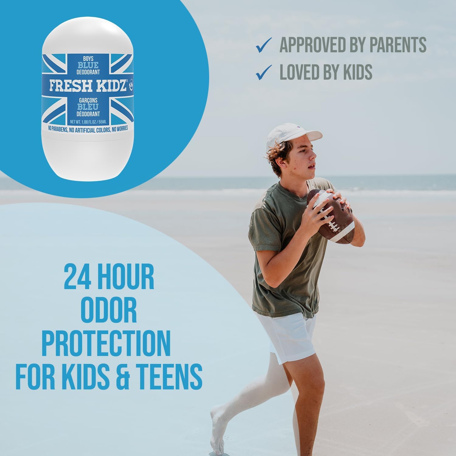 Fresh Kidz Hair & Body Wash 16.9 fl.oz + 2 Roll On Deodorants 1.86 fl.oz for Kids & Teens - Boys Blue Set | Gentle Daily Care for Active Children | Gym, School & Sports Ready