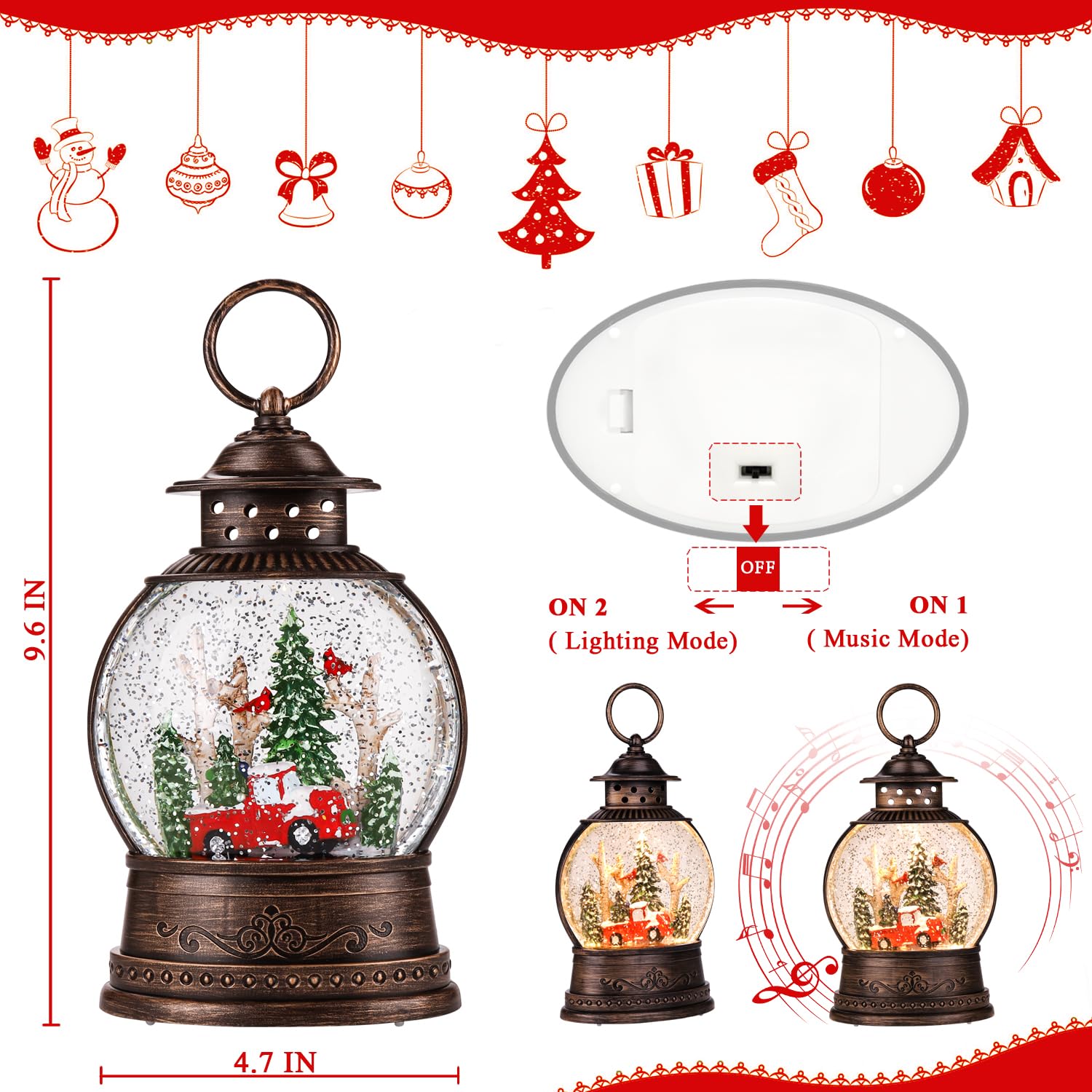 Christmas Lanterns & Musical Snow Globes - Festive Holiday Decorations for Home, Indoor Christmas Tree Decor & Holiday Gift Ideas - Perfect for Living Room, Mantel & Holiday Party Decorating