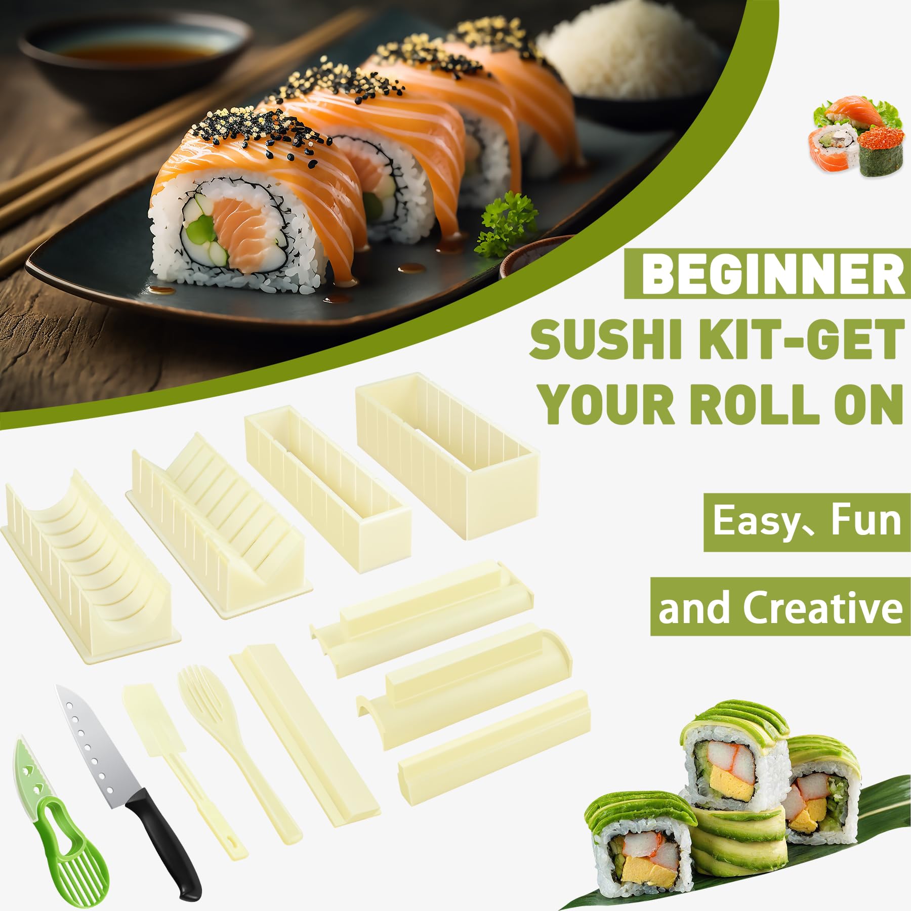 Premium 12-Piece Sushi Making Kit with Rice Mold & Roller - Complete DIY Sushi Maker Set for Beginners - Perfect for Home Cooking, Parties & Japanese Cuisine Lovers