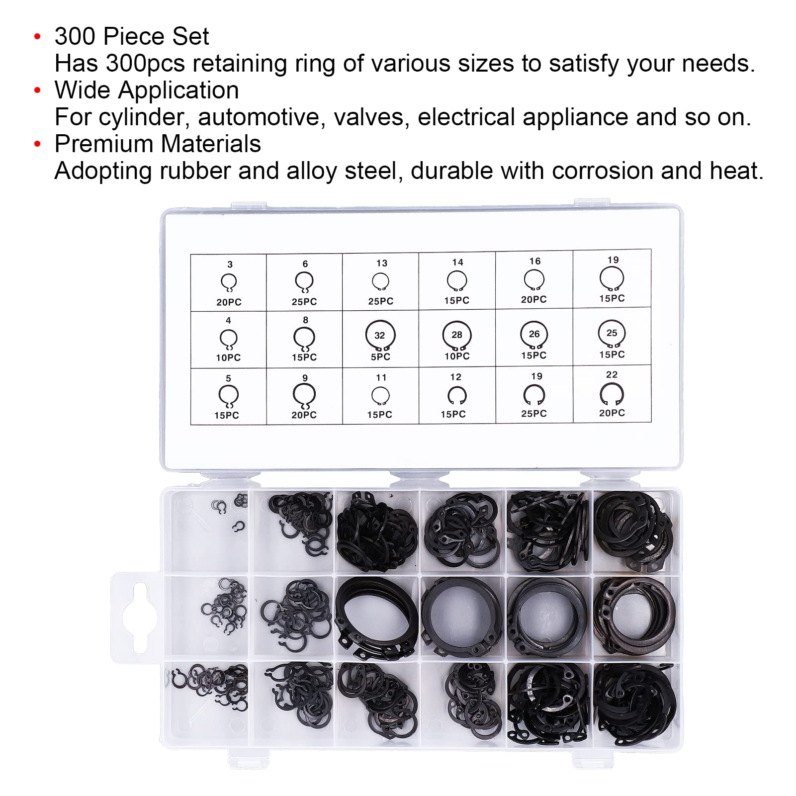 300-Piece C Clamp & External Retaining Ring Assortment Kit - Durable Rubber & Alloy Steel Retaining Rings for Cylinders, Automotive Valves - Perfect for DIY Repairs, Machinery Maintenance & Industrial Applications