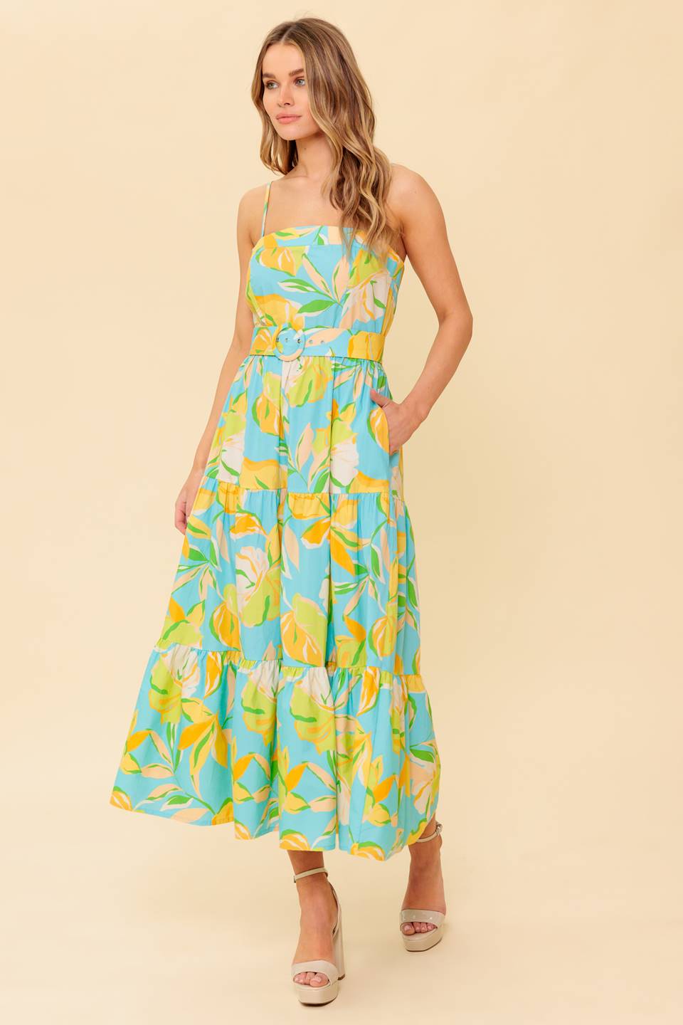 Elegant Blue & Yellow Midi Dress for Women - Perfect for Casual Outings, Brunch Dates & Summer Events | A PERFECT DAY Collection