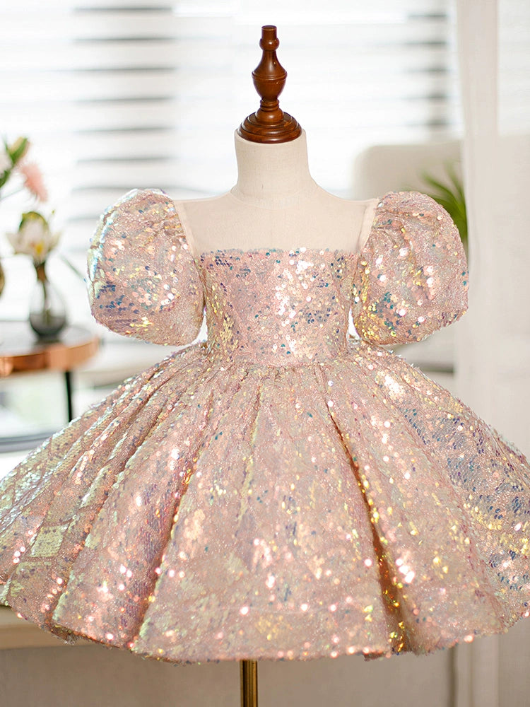 Pink Princess Square Tea Length Sequined Flower Girl Dress for Weddings, Bridal Party & Special Occasions - Elegant Flower Girl Attire