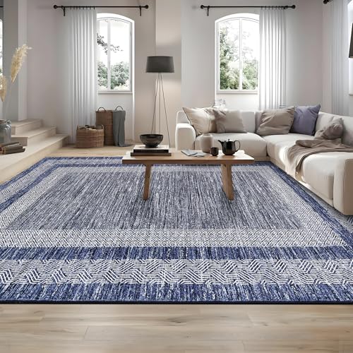 GARVEE 2x6 Modern Non-Slip Runner Rug - Washable Soft Geometric Carpet for Hallway, Kitchen & Entryway | Distressed Blue Border Design | Perfect for High-Traffic Areas, Home Decor & Pet-Friendly Spaces
