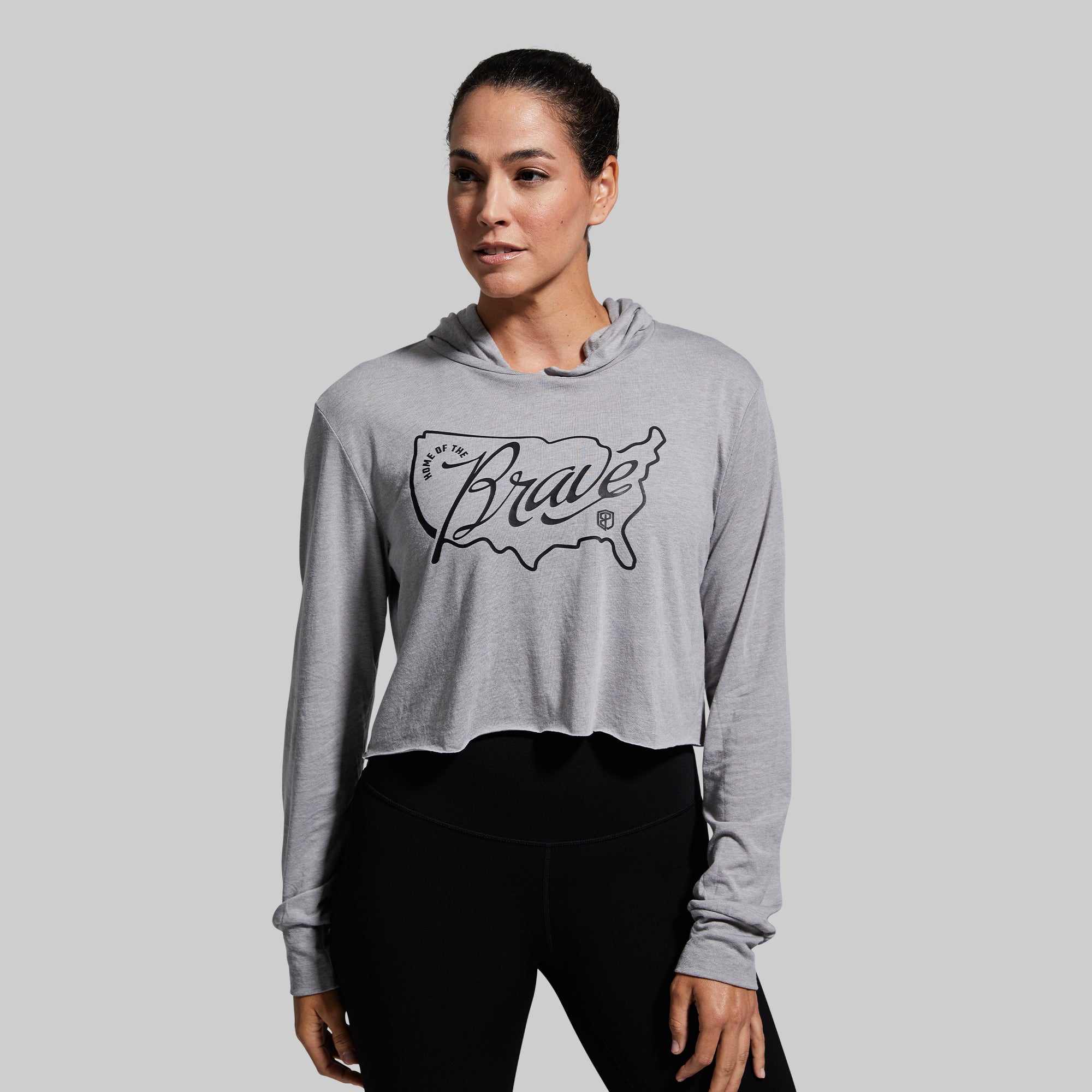 Home of the Brave Cropped T-Shirt Hoodie - Athletic Grey | Women's Casual Streetwear for Gym, Running & Everyday Wear