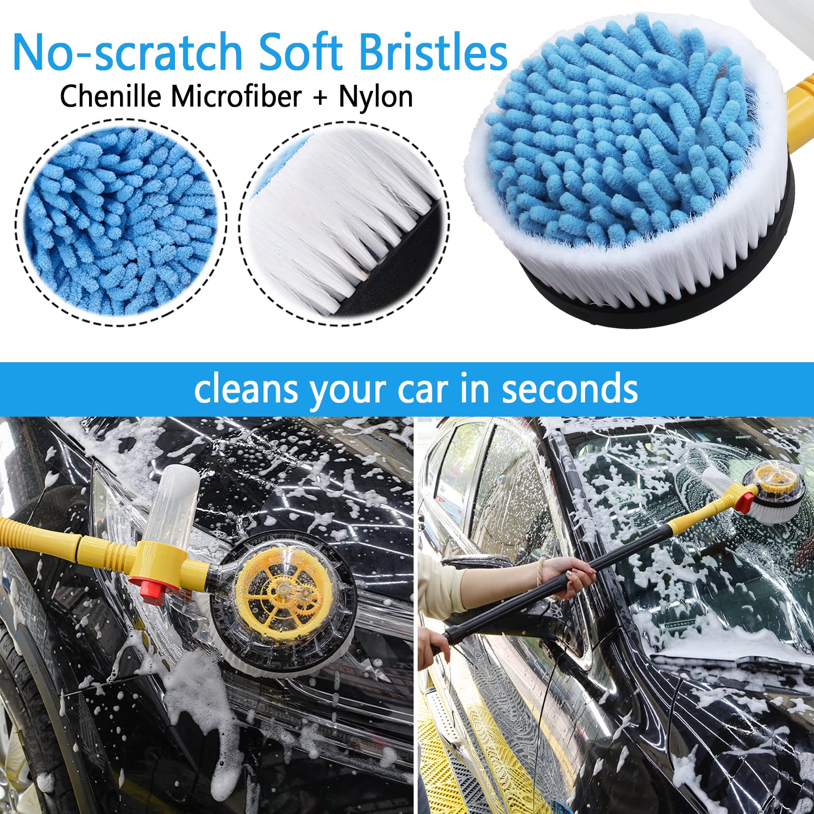 Rotating Car Wash Brush with Hose Attachment - Soft Chenille Microfiber Bristles, Long Handle Car Cleaning Brush with Soap Dispenser - Ideal for Washing Cars, Trucks, SUVs, and Boats (Yellow)