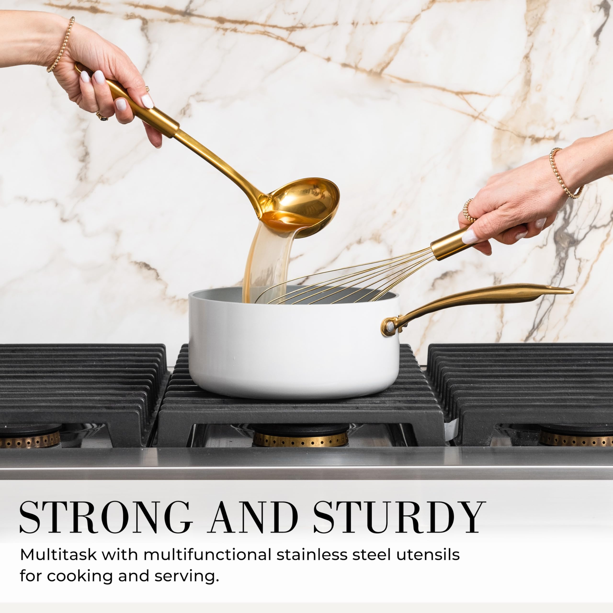 Premium 15-Piece White & Gold Silicone Cooking Utensil Set with Holder - Includes Measuring Cups & Spoons - Elegant Kitchen Tools for Baking, Cooking & Serving - Perfect Wedding & Housewarming Gift for Home Chefs