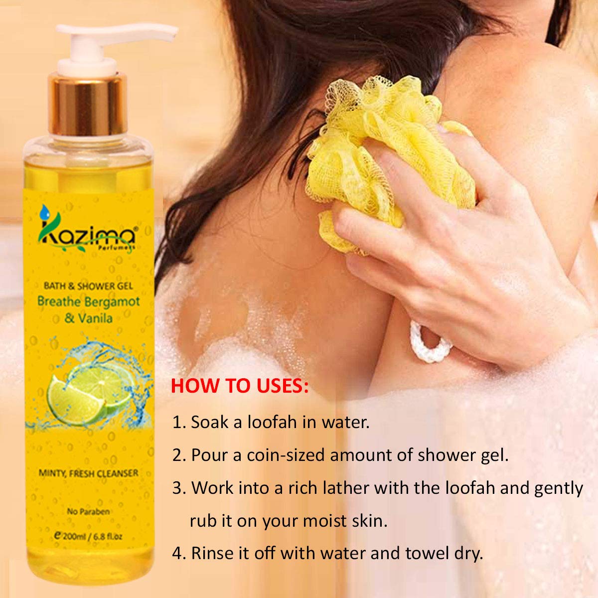 KAZIMA Bergamot & Vanilla Bath and Shower Gel - Luxury Body Wash with Apricot & Lemon Extract - 200ML Paraben-Free - Perfect for Relaxing Spa Nights & Gift Sets