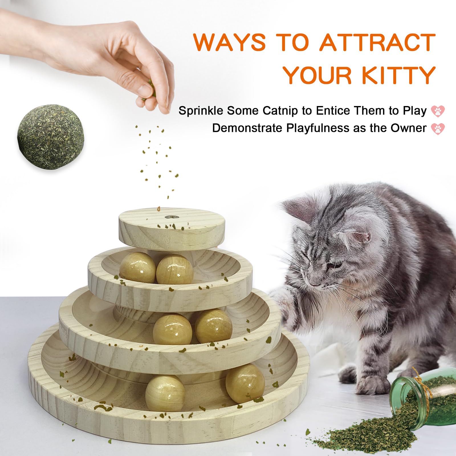 Interactive Cat Ball Track Toy - 3-Layer Wooden Maze with 6 Smooth Balls for Indoor Cats | Fun Exercise & Mental Stimulation Toy | No Assembly Required (Pine Wood) | Perfect for Playtime, Boredom Relief & Keeping Cats Active