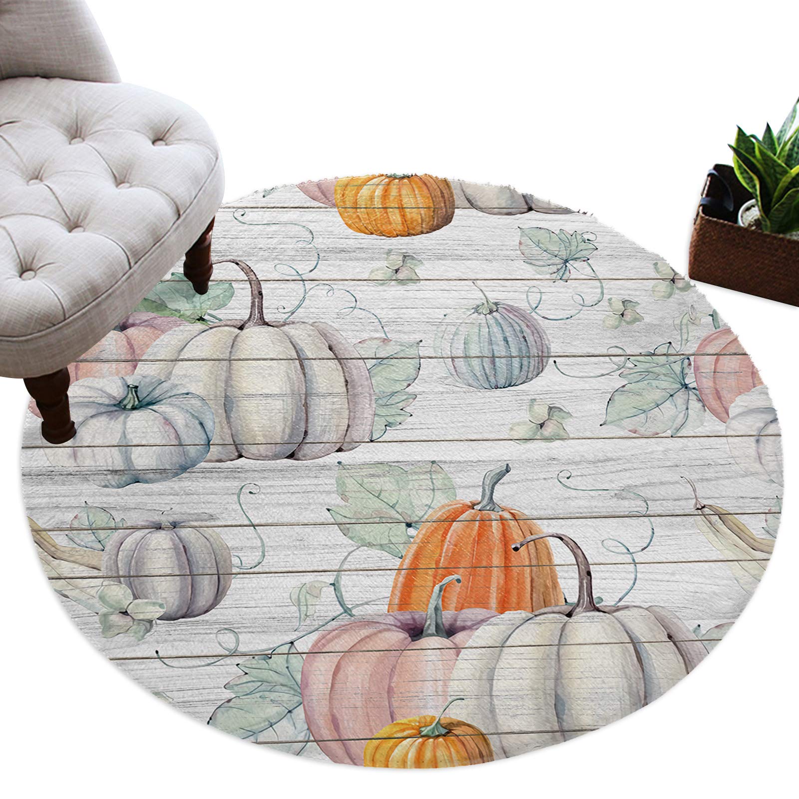 Soft Plush Round Area Rugs for Kids Room - Watercolor Pumpkins Thanksgiving Halloween Fall Wood Grain Shag Carpet (3ft Diameter) | Nursery, Living Room, Bedroom Decor | Cozy Modern Home Floor Mat for Playroom & Seasonal Celebrations