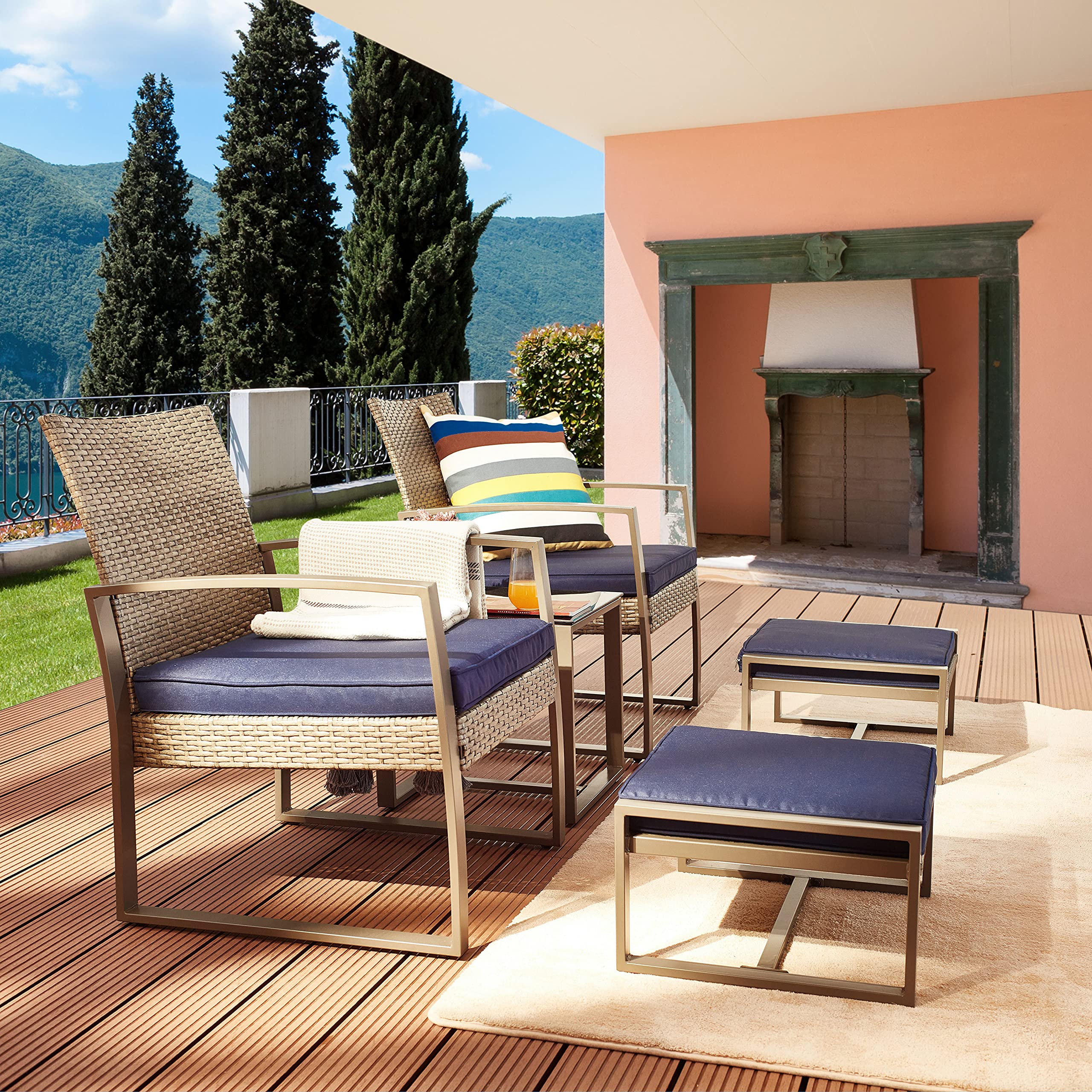 5-Piece Wicker Patio Furniture Set with Cushions - Outdoor PE Rattan Conversation Set Includes Chairs, Ottoman & Side Table for Porch, Balcony, Garden (Blue) - Perfect for Backyard Relaxation & Outdoor Entertaining