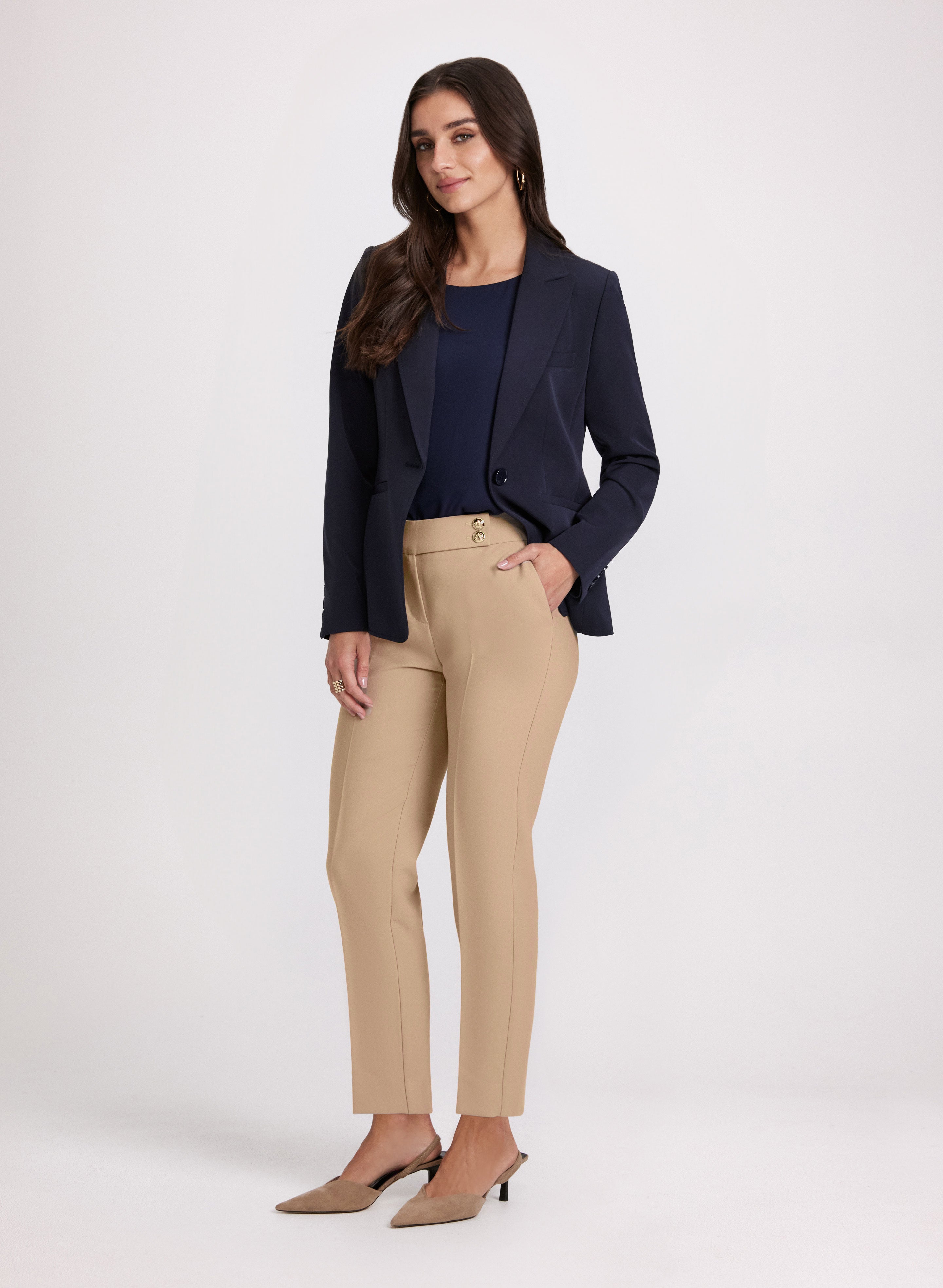 Emma Embossed Button Slim Leg Pants for Women - High Waisted Office Trousers, Stretchy Work Pants for Business Casual & Professional Outfits