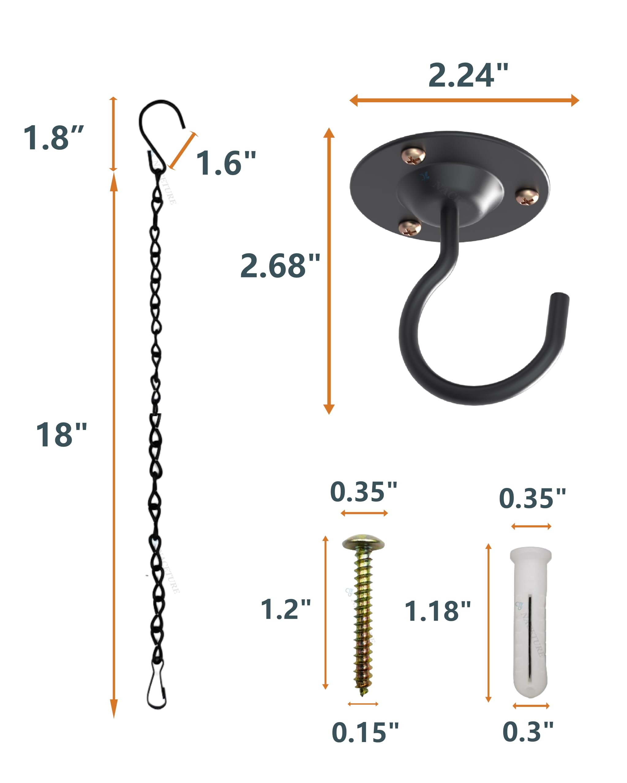 NACETURE 3-Pack Black Metal Ceiling Hooks for Hanging Plants, Lanterns & Wind Chimes - Heavy Duty Iron Plant Hanger Brackets with Chains - Perfect for Indoor & Outdoor Decoration