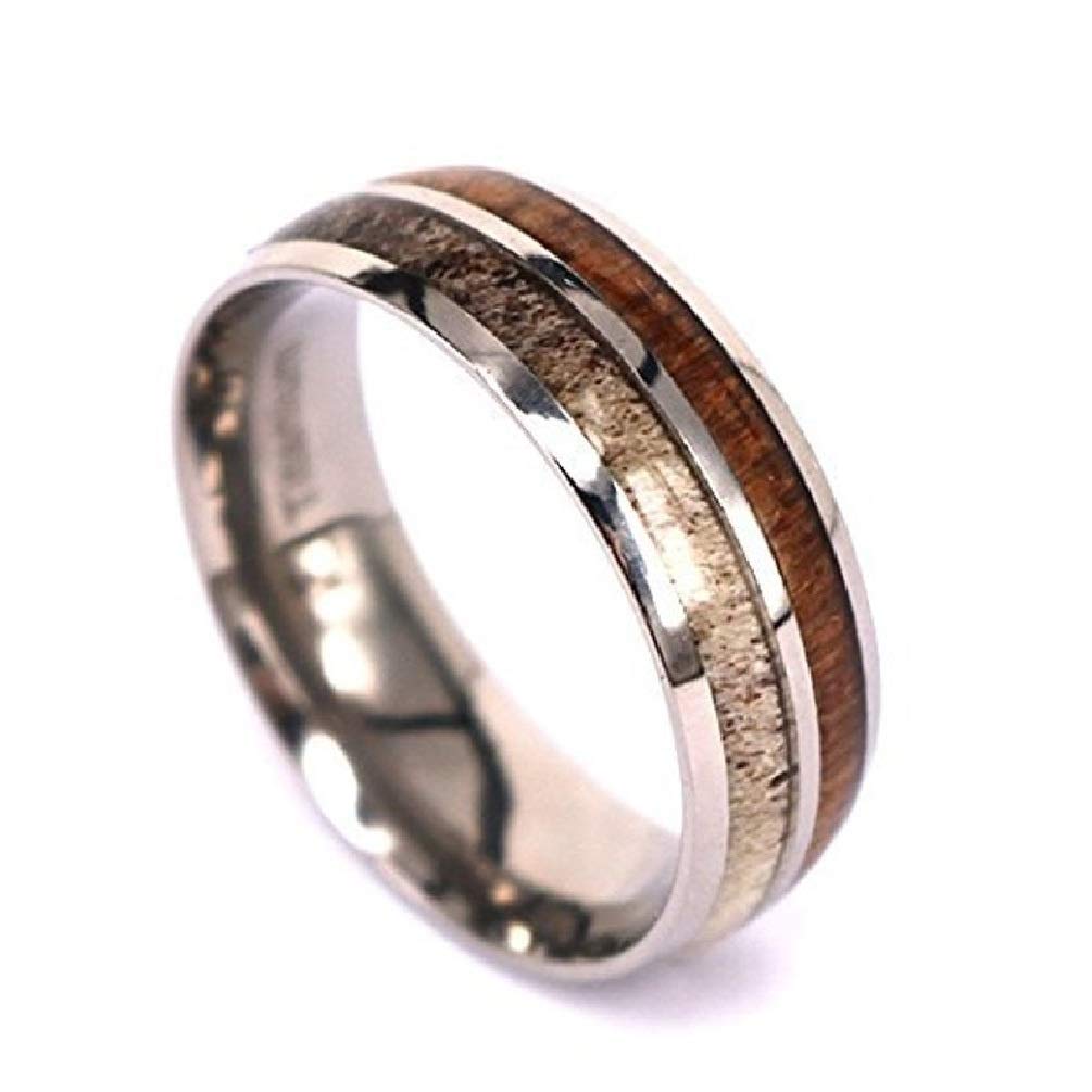 Titanium Deer Antler Wood Ring for Men - Handmade Wedding Band, Unique Antler Wedding Ring for Grooms - Perfect for Outdoor Enthusiasts & Nature Lovers