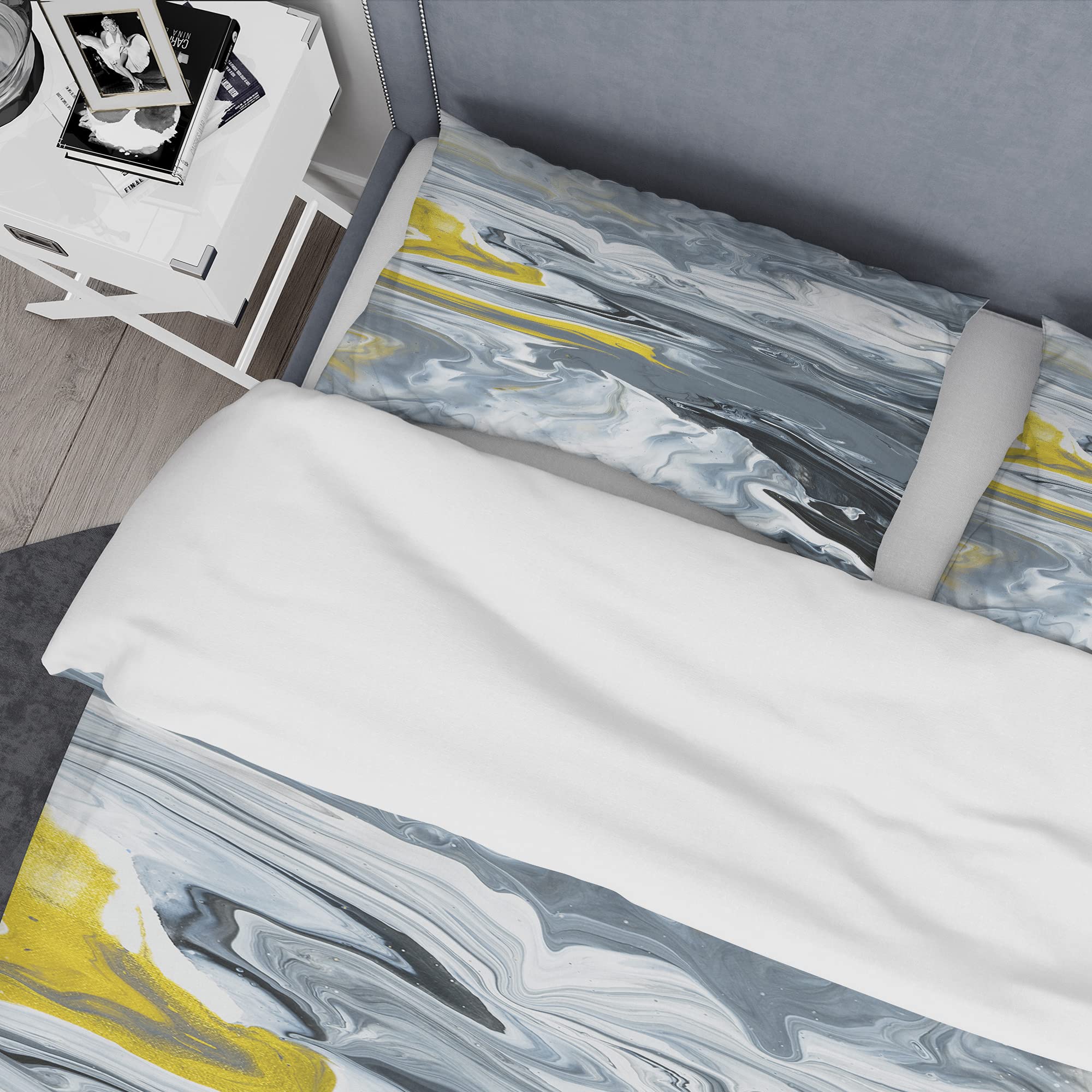 DesignQ Mid-Century Modern Duvet Cover Set - Hand-Painted Marble Acrylic in Yellow, Grey & White | Perfect for Boho Chic Bedrooms & Contemporary Home Decor