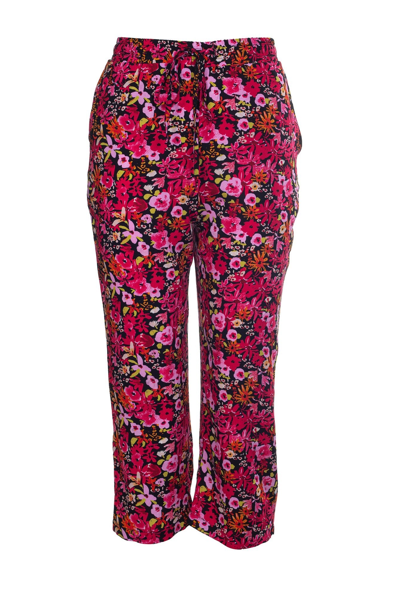 Printed Rayon Mid Calf Pants for Women - Floral Pink Bloom Design | Comfortable Elastic Waist Lounge Pants | Perfect for Yoga, Home Wear and Casual Outfits (Style 7333A1)