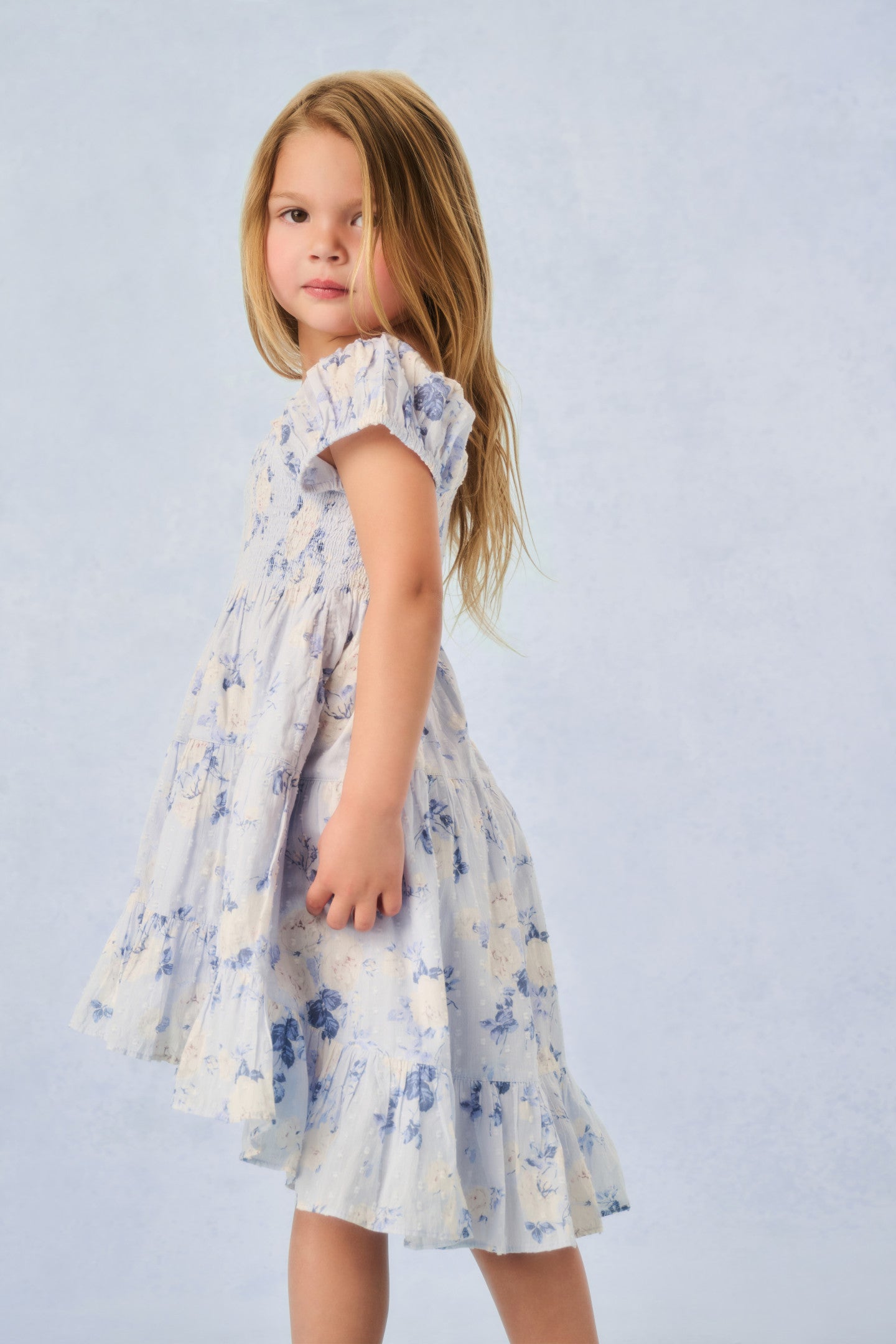 Muriella Floral Print Dress for Girls - Whisper Blue | Elegant & Comfortable Summer Dress for Parties, Weddings & Special Occasions