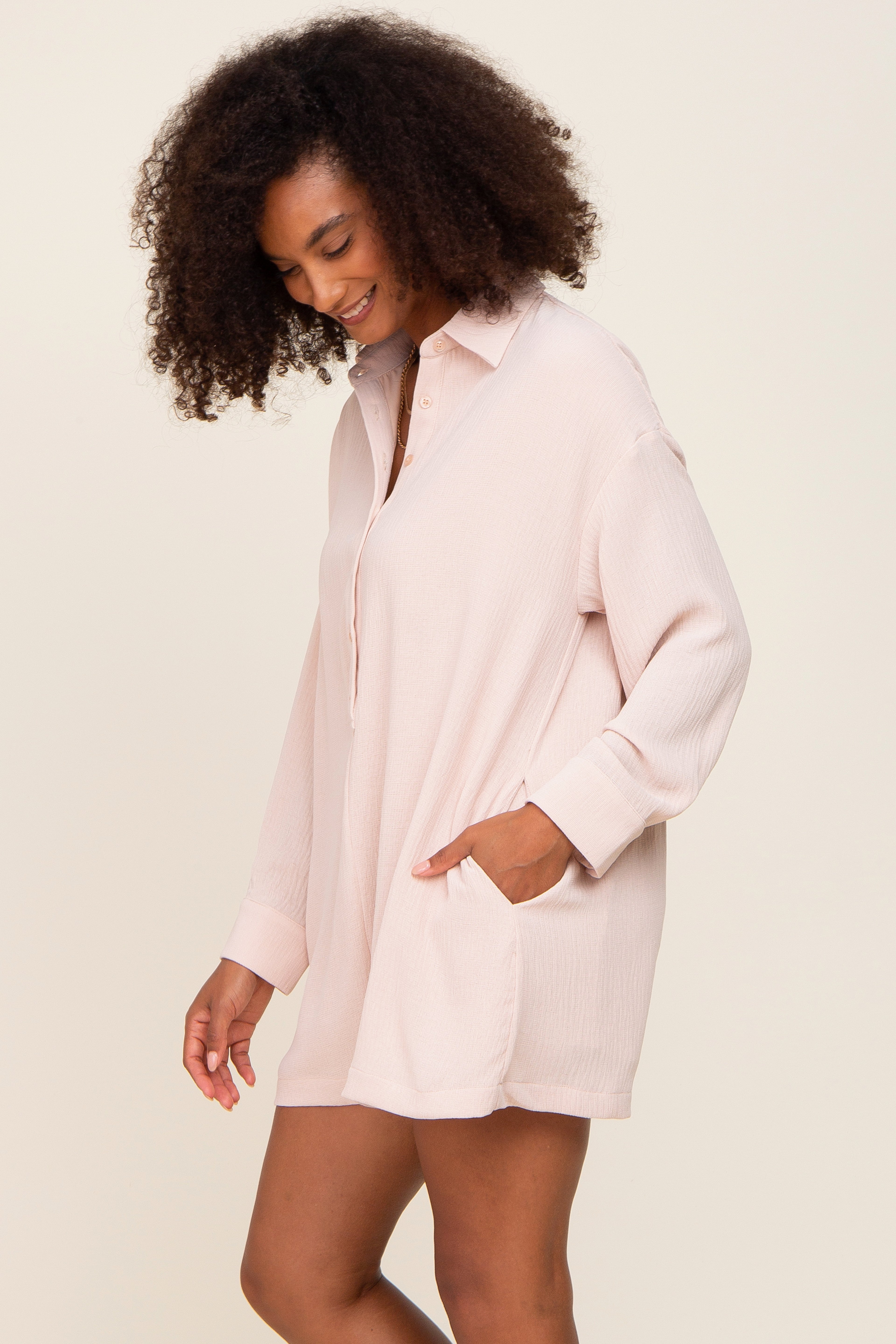 Beige Long Sleeve Button Down Romper for Women - Casual Jumpsuit with Pockets | Perfect for Office, Brunch & Fall Outfits