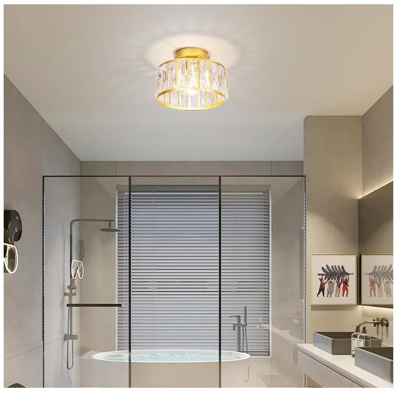 Modern Gold Semi Flush Mount Ceiling Light - Crystal Chandelier Lighting Fixture for Hallway, Kitchen, Entryway, Bedroom & Laundry | Elegant Home Decor & Ambient Lighting Solution