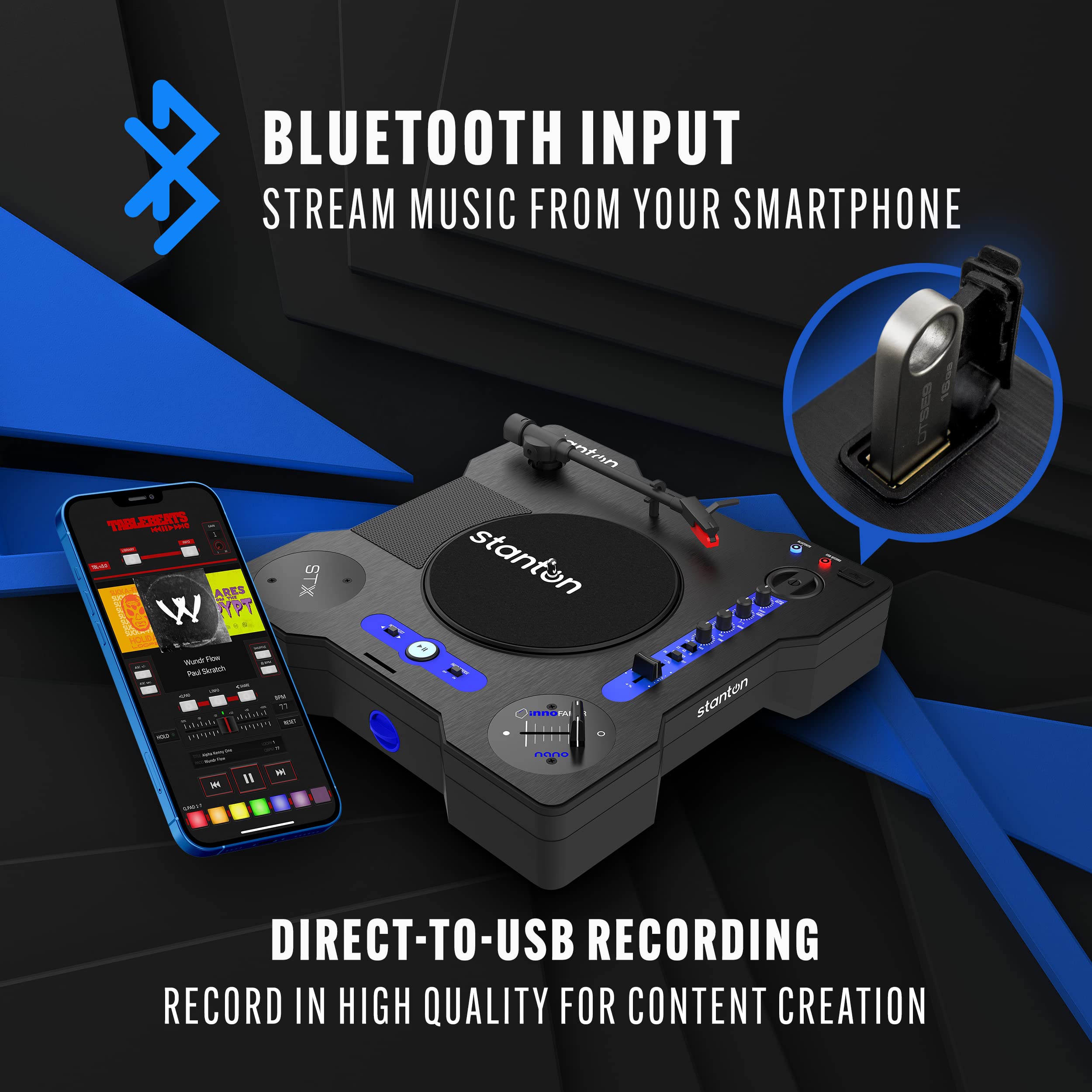 Stanton STX Portable DJ Turntable with Innofader Nano Crossfader - Bluetooth, USB Recording, Built-in Speaker & Rechargeable Battery - Perfect for Mobile DJs, Parties & Home Practice
