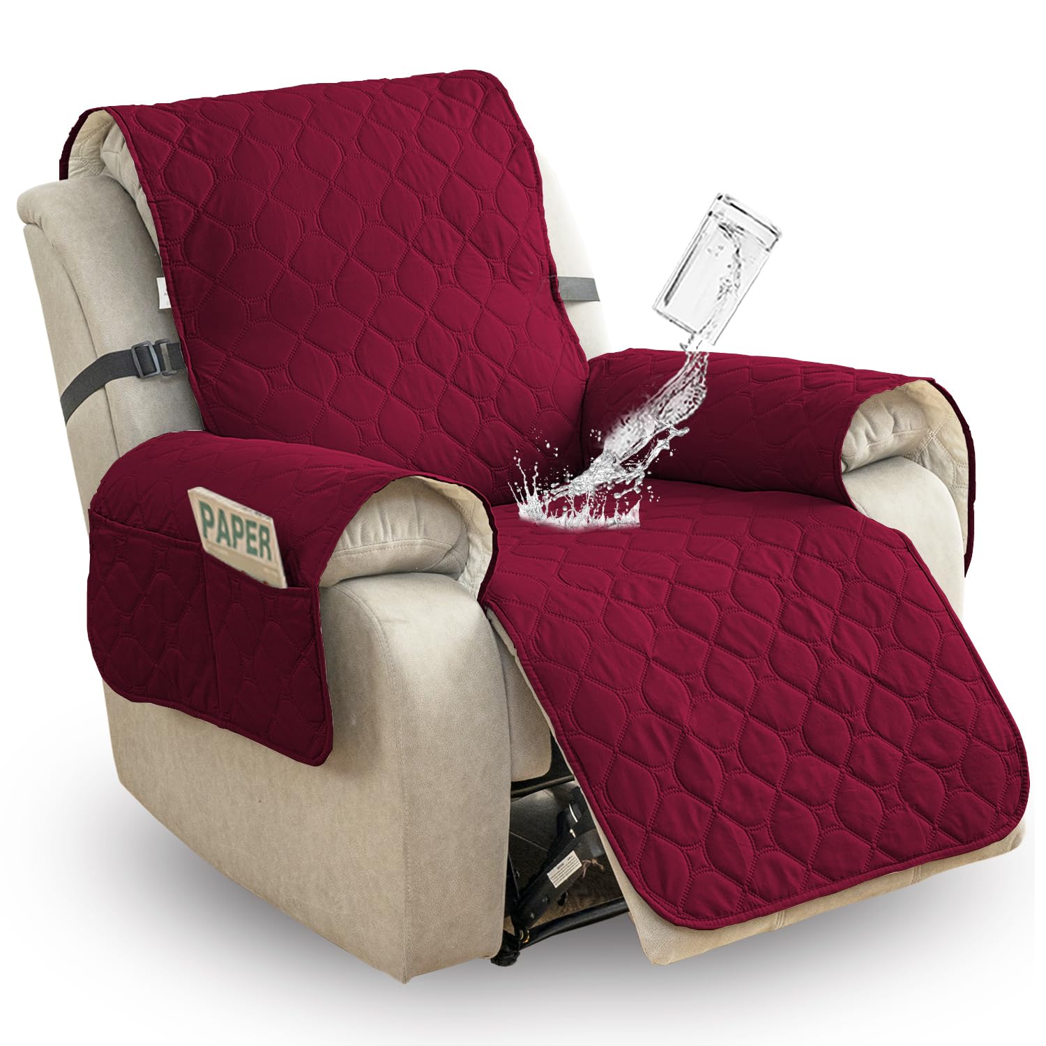 100% Waterproof Non-Slip Recliner Sofa Slipcover - Washable Pet-Friendly Reclining Chair Cover with Elastic Straps, Furniture Protector (Wine, 23